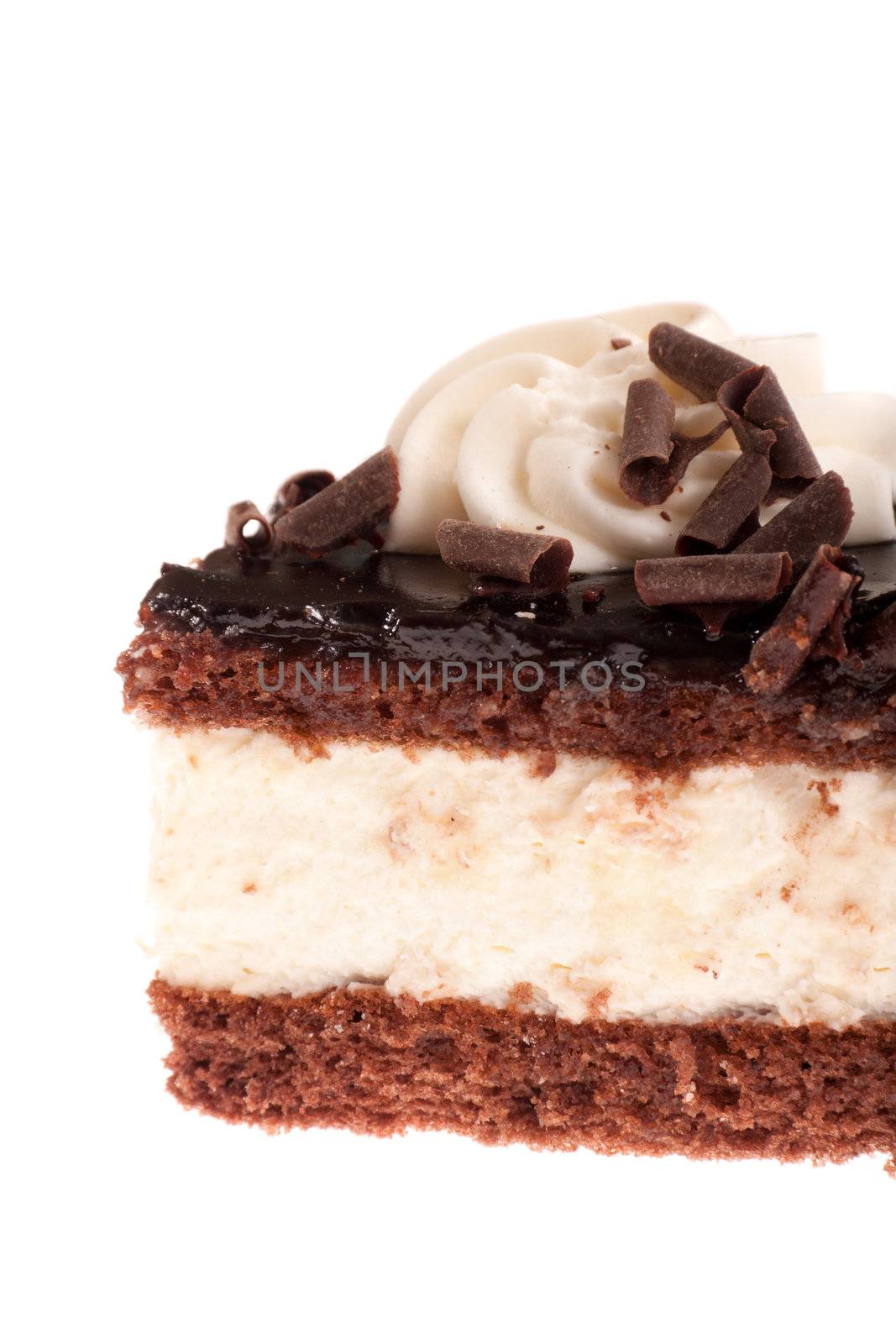 Chocolate cream cake, isolated on white 