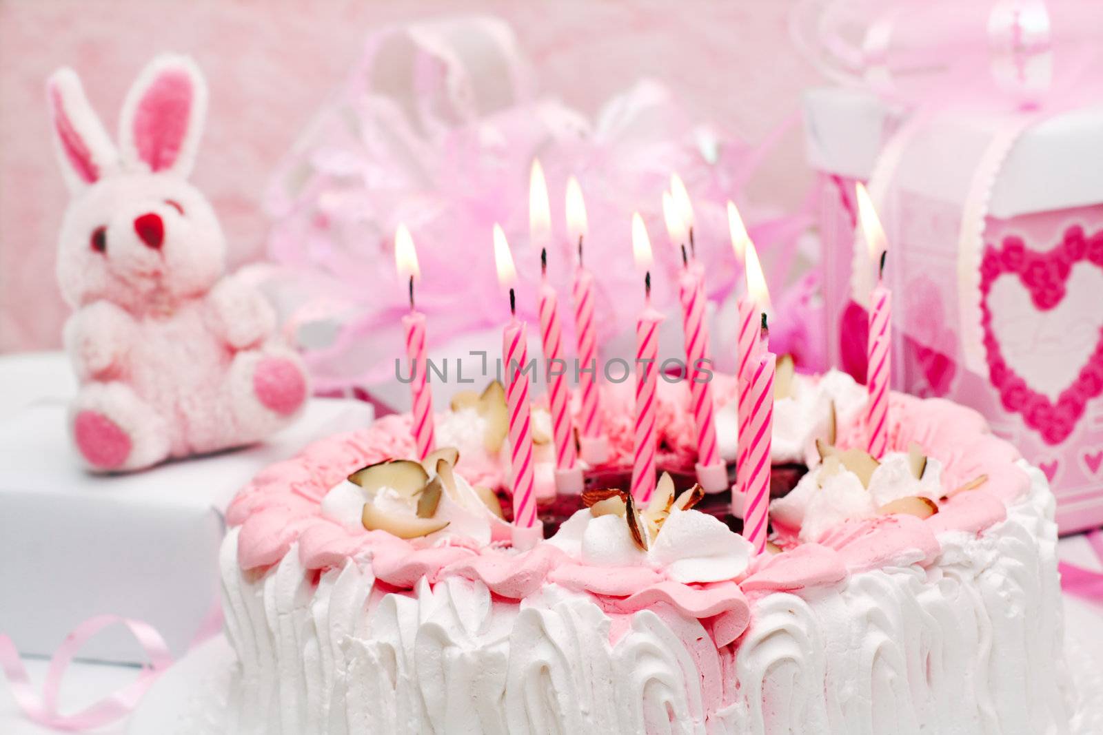 cake with candles, pink, gifts, roses