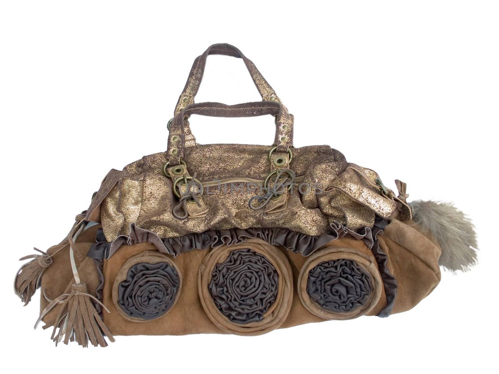 Bag, brown with three black roses, female, from a genuine leather