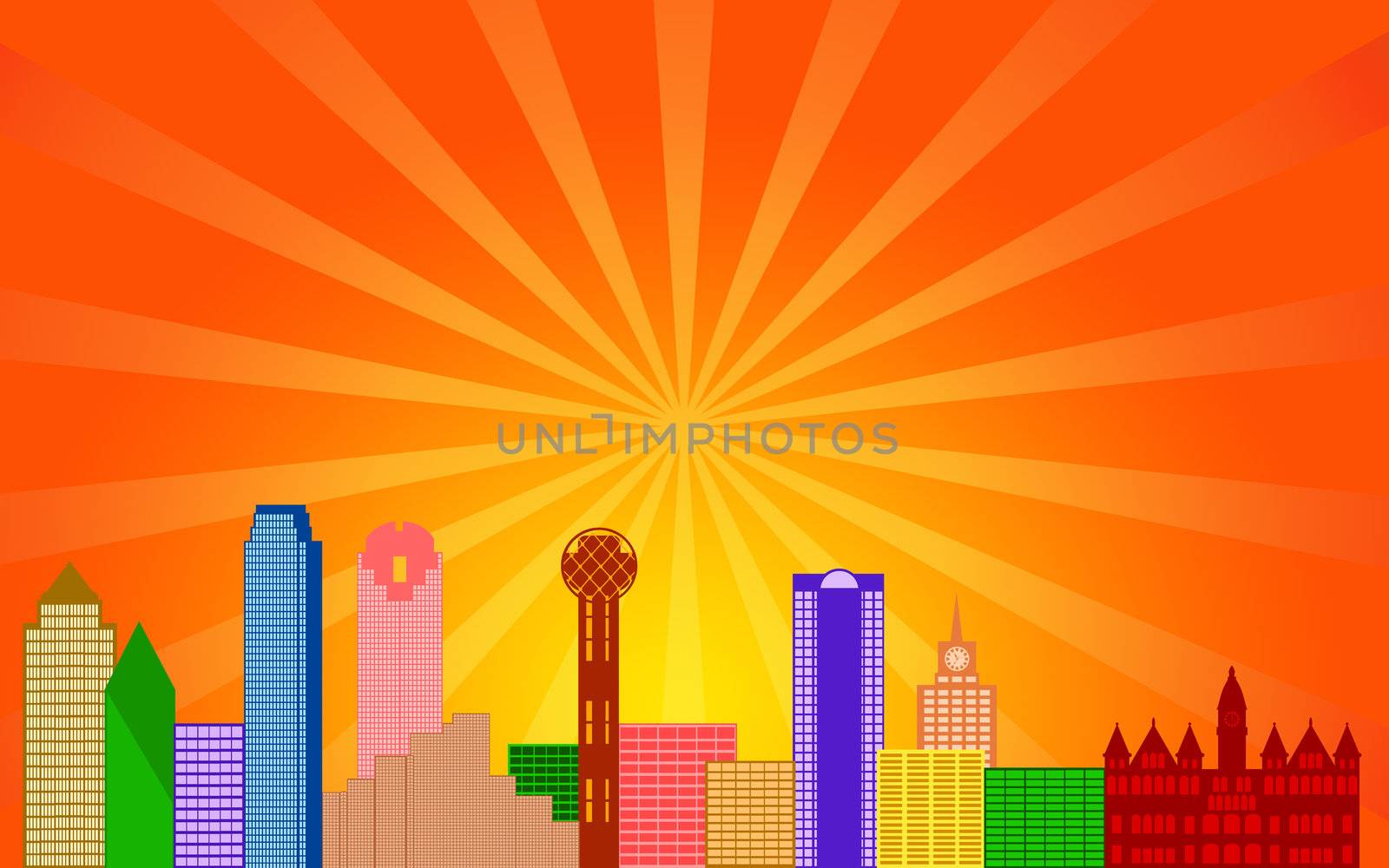 Dallas Texas City Skyline Panorama Color Silhouette with Sun Rays Clip Art Illustration