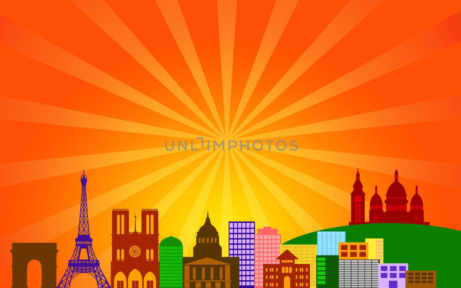 Paris France City Skyline Panorama Color Silhouette with Sun Rays Clip Art Illustration