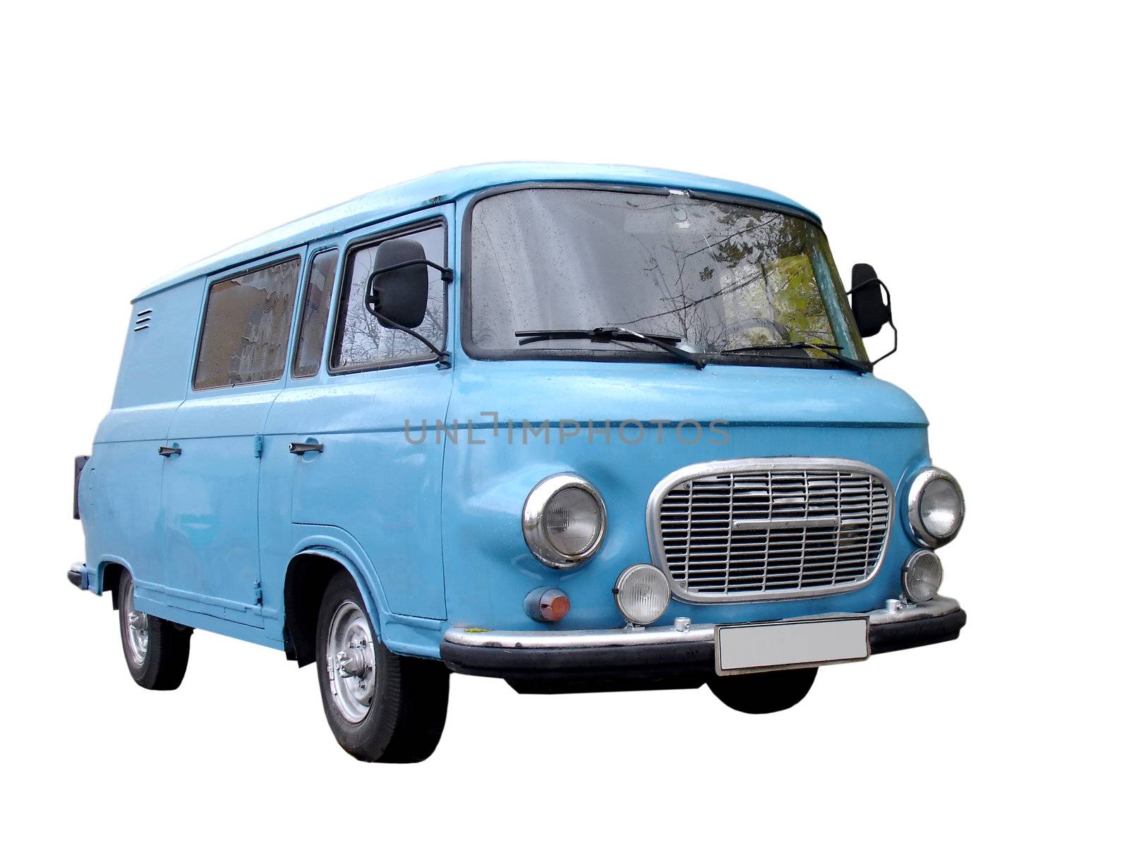 Isolated blue vintage minivan on a white background