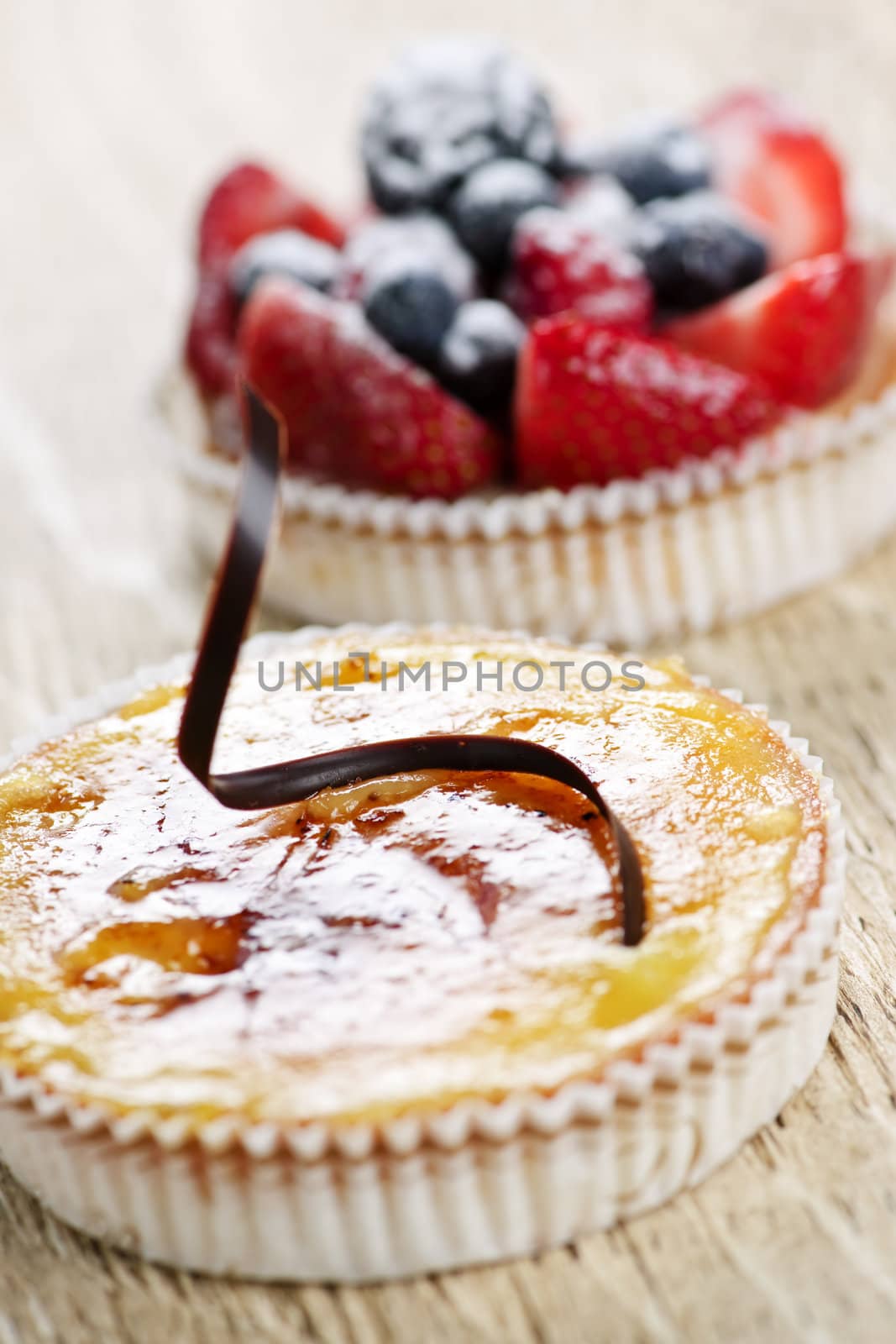 Closeup of fancy gourmet fresh fruit dessert tarts