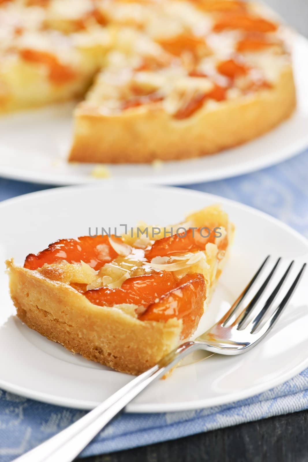 Slice of fresh baked apricot and almond pie dessert