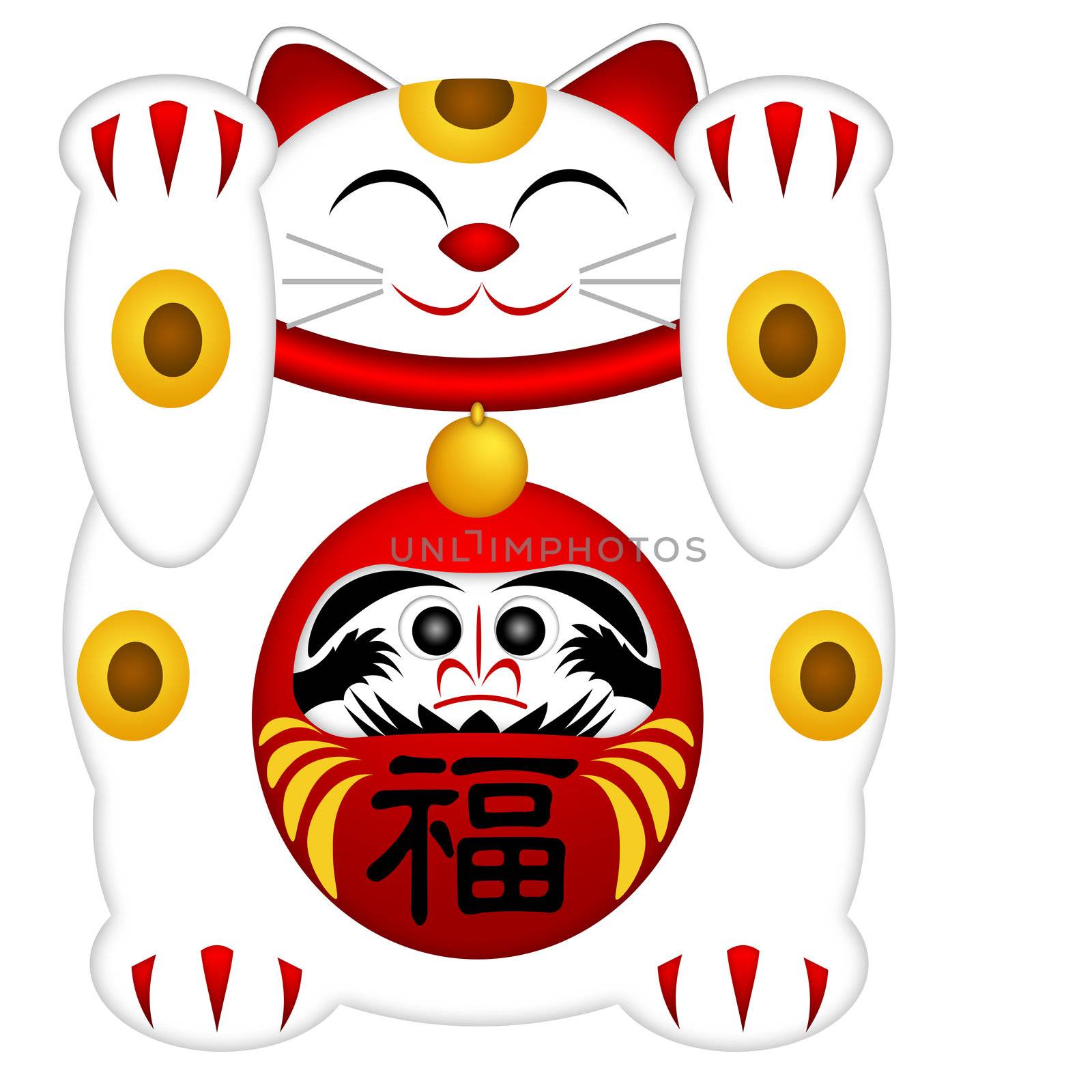 Maneki Neko Japanese Prosperity Kanji Words and Daruma Doll Symbol Illustration Isolated on White Background