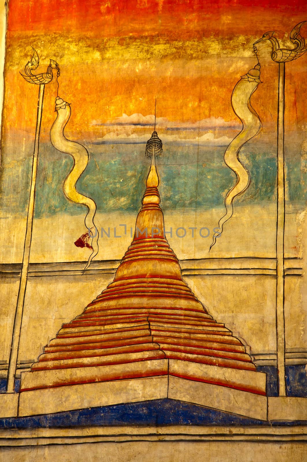 Ancient Buddhist temple mural depicting a Thai daily life scene at Wat Phumin, a famous temple in Nan province, Thailand. The temple is open to the public and has beautiful murals on the walls.