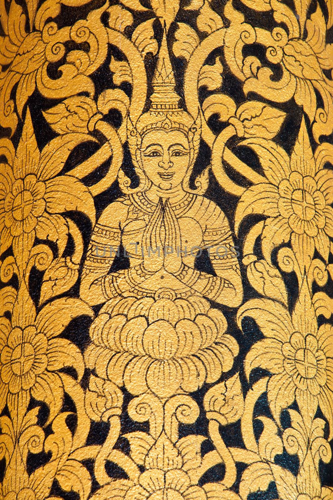 Vintage traditional Thai style art painting on temple for background. The temple is open to the public domain and has beautiful murals on the walls.