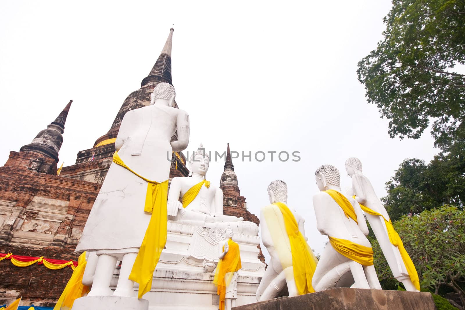 White Buddha Statue in Wat Yai Chaimongkol Temple Ayutthaya , Thailand.