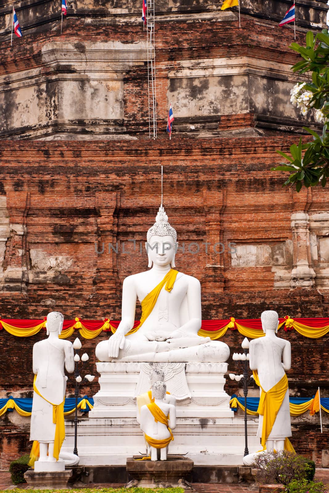 White Buddha Statue in Wat Yai Chaimongkol Temple Ayutthaya , Thailand.