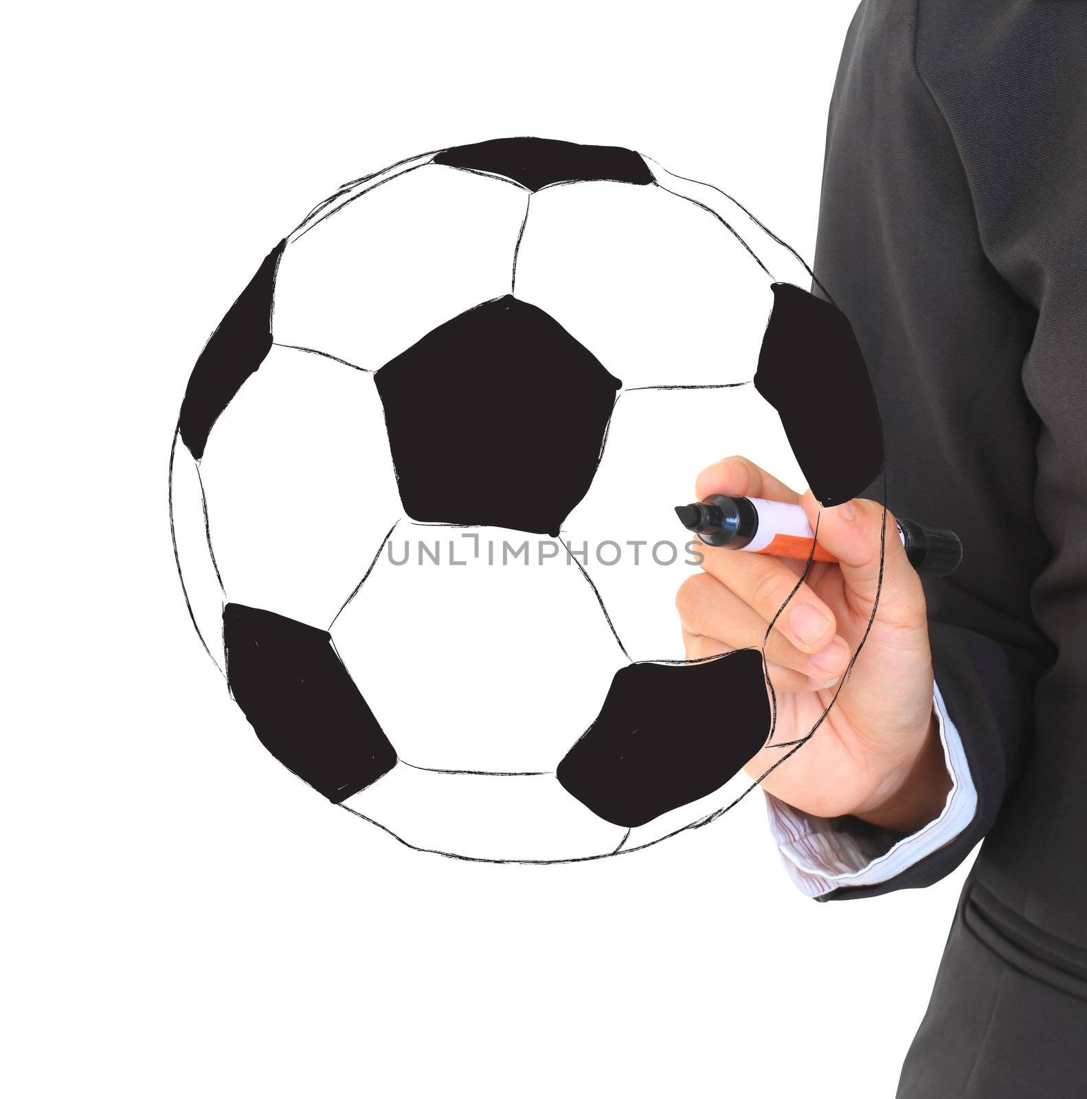 soccer football ball and hand with pen isolated on white background