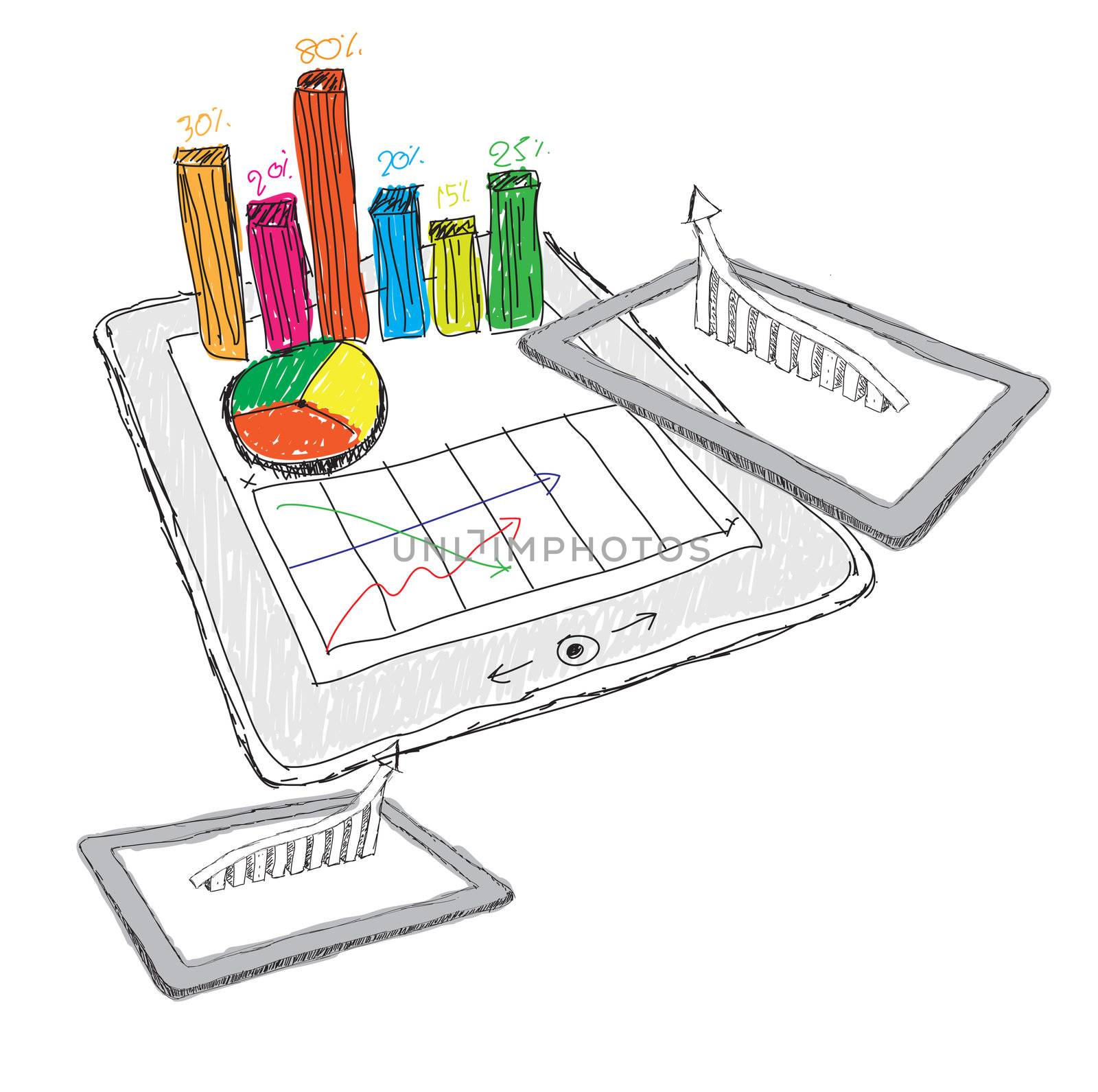 sketch computer tablet showing a spreadsheet with  charts