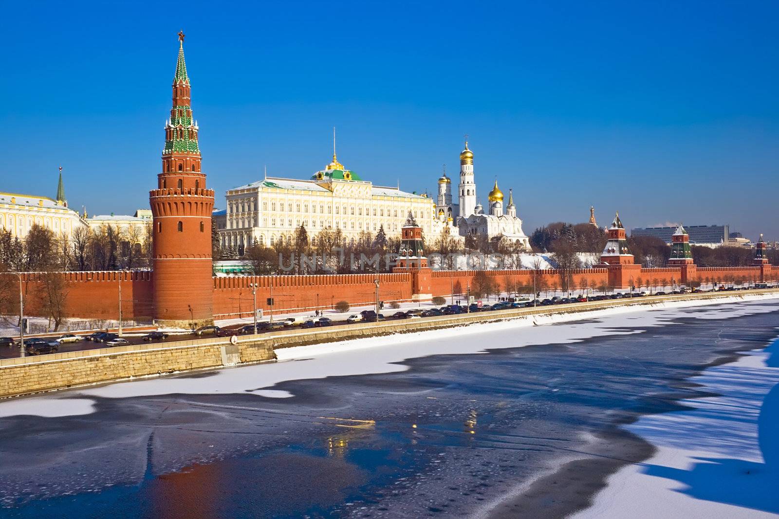 The view of Moscow Kremlin from the bridge over Moskva river