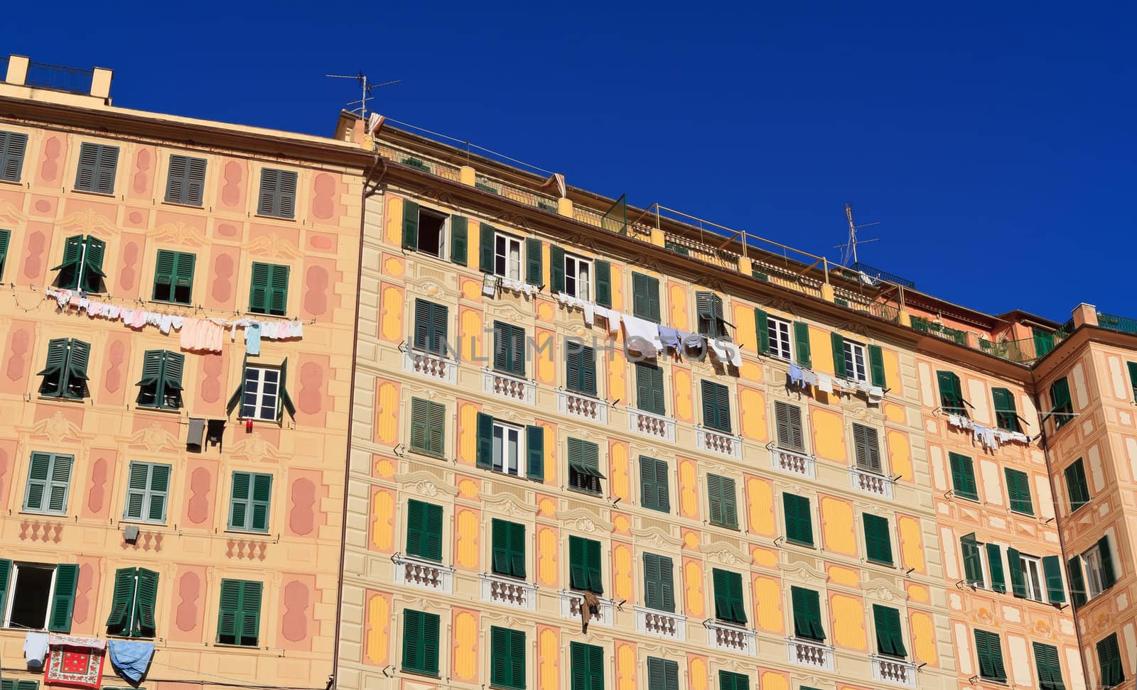 characteristic frescoed homes in Camogli, famous small town in Liguria, Italy