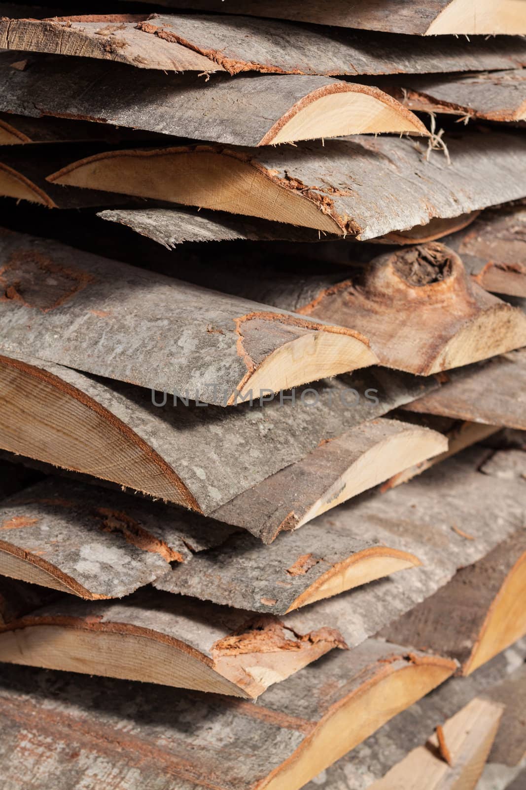 Pile of beech planks with bark by Lamarinx