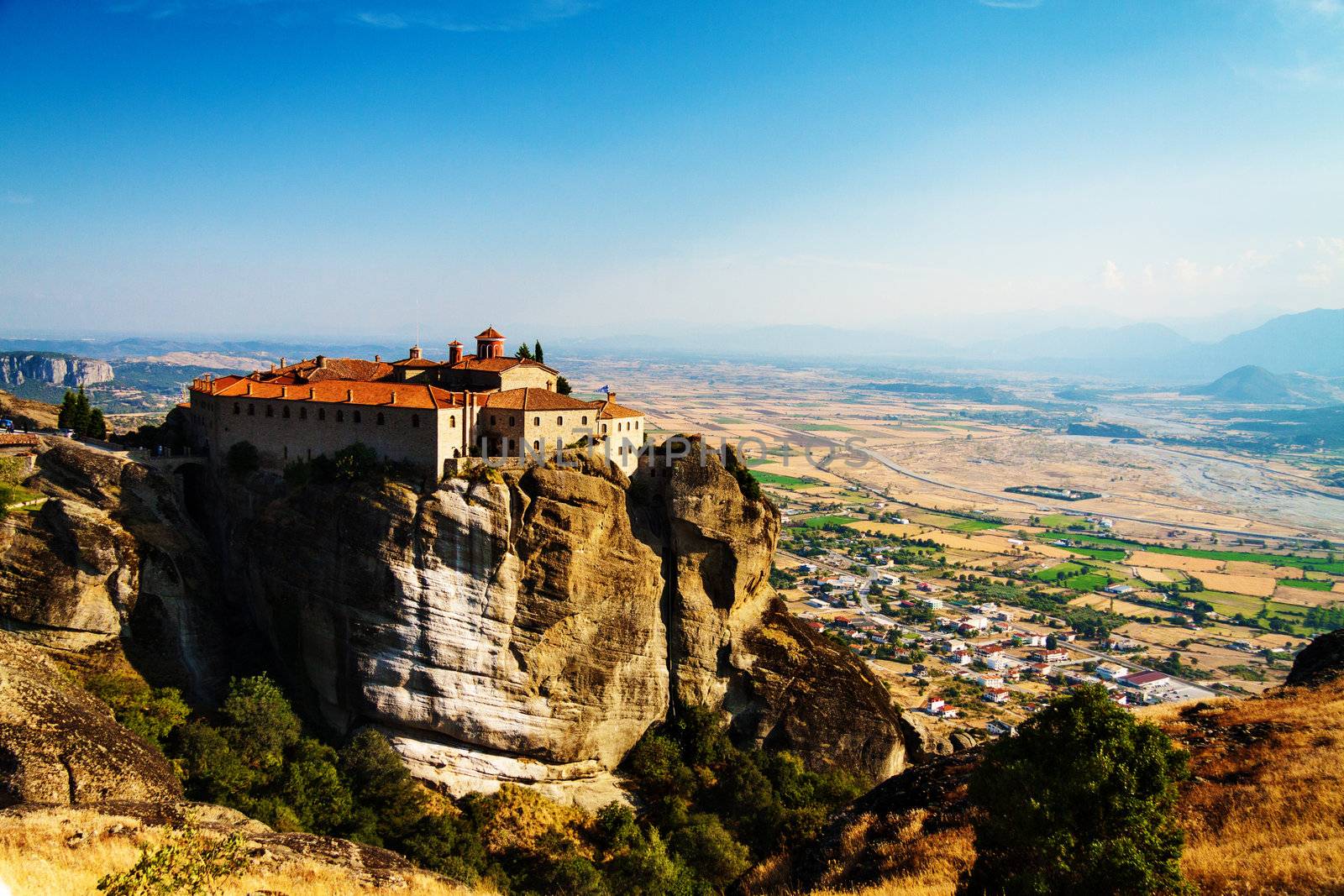 Meteora Monasteries, Greece, horizontal shot with blue sky and view of the valley