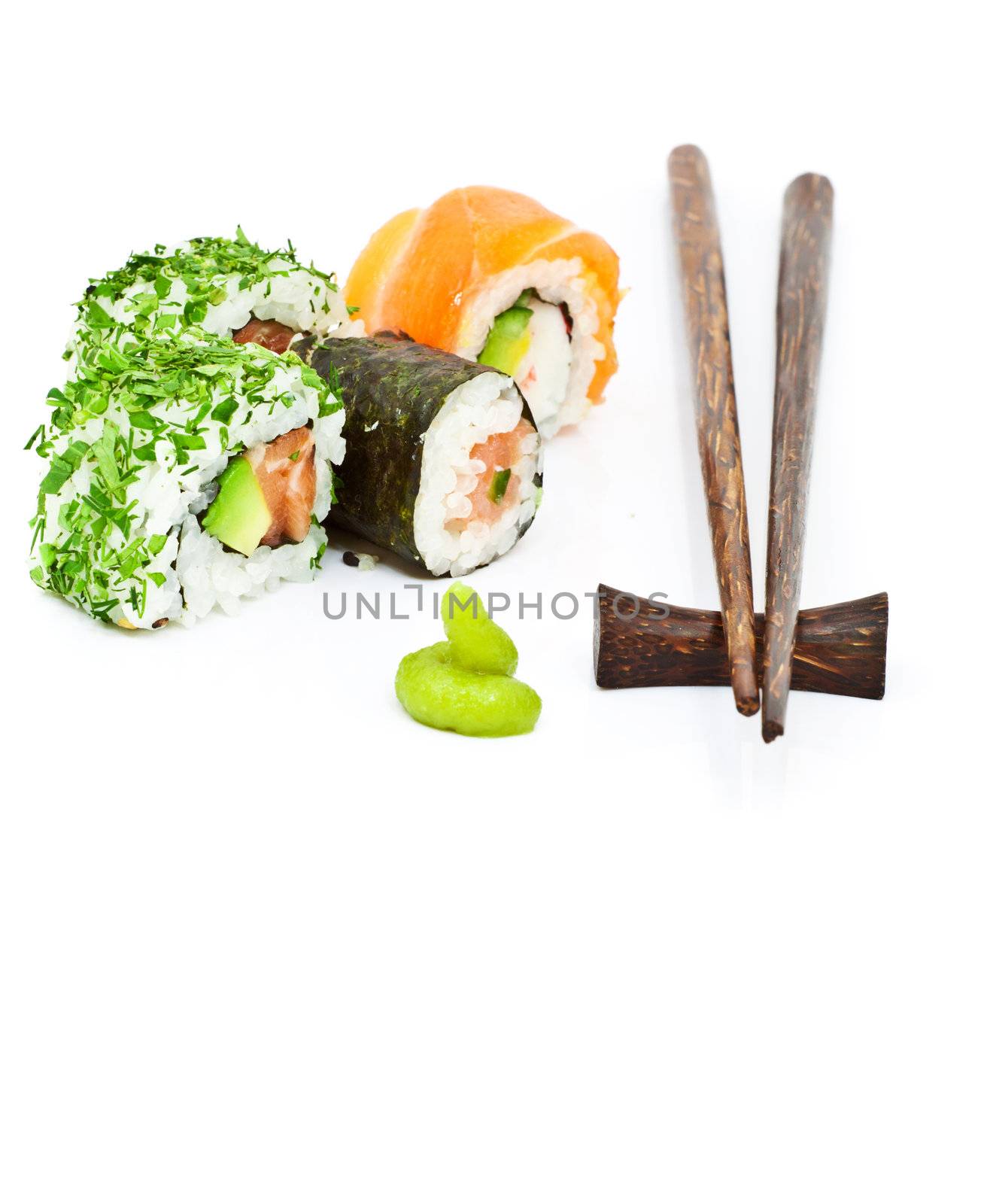 Sushi set isolated on white with chopsticks, vertical