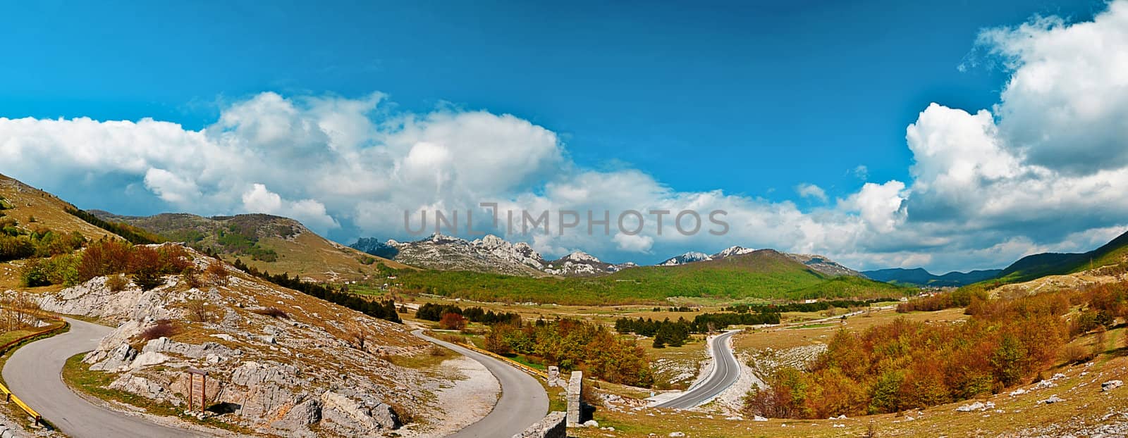 Panoramic HDR photo of the mountain pass Karlobag-Gospic in the Velebit mountain, Croatia.