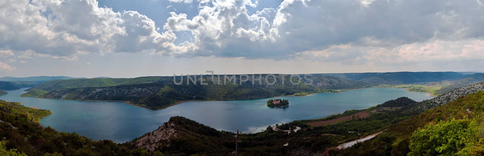 Panorama of the Krka river and Visovac monastery, Croatia by Lamarinx