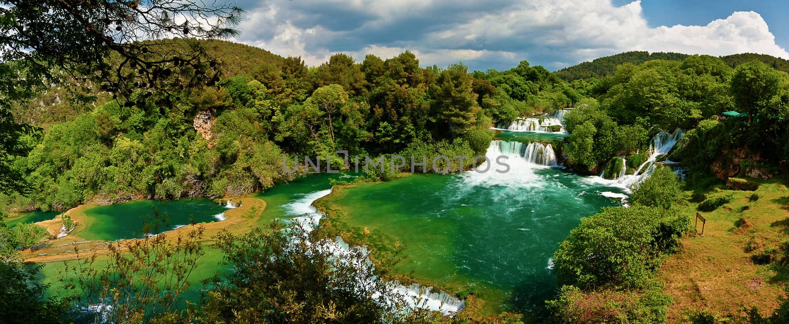 Panoramic HDR photo of waterfalls in Krka National Park in Croatia.