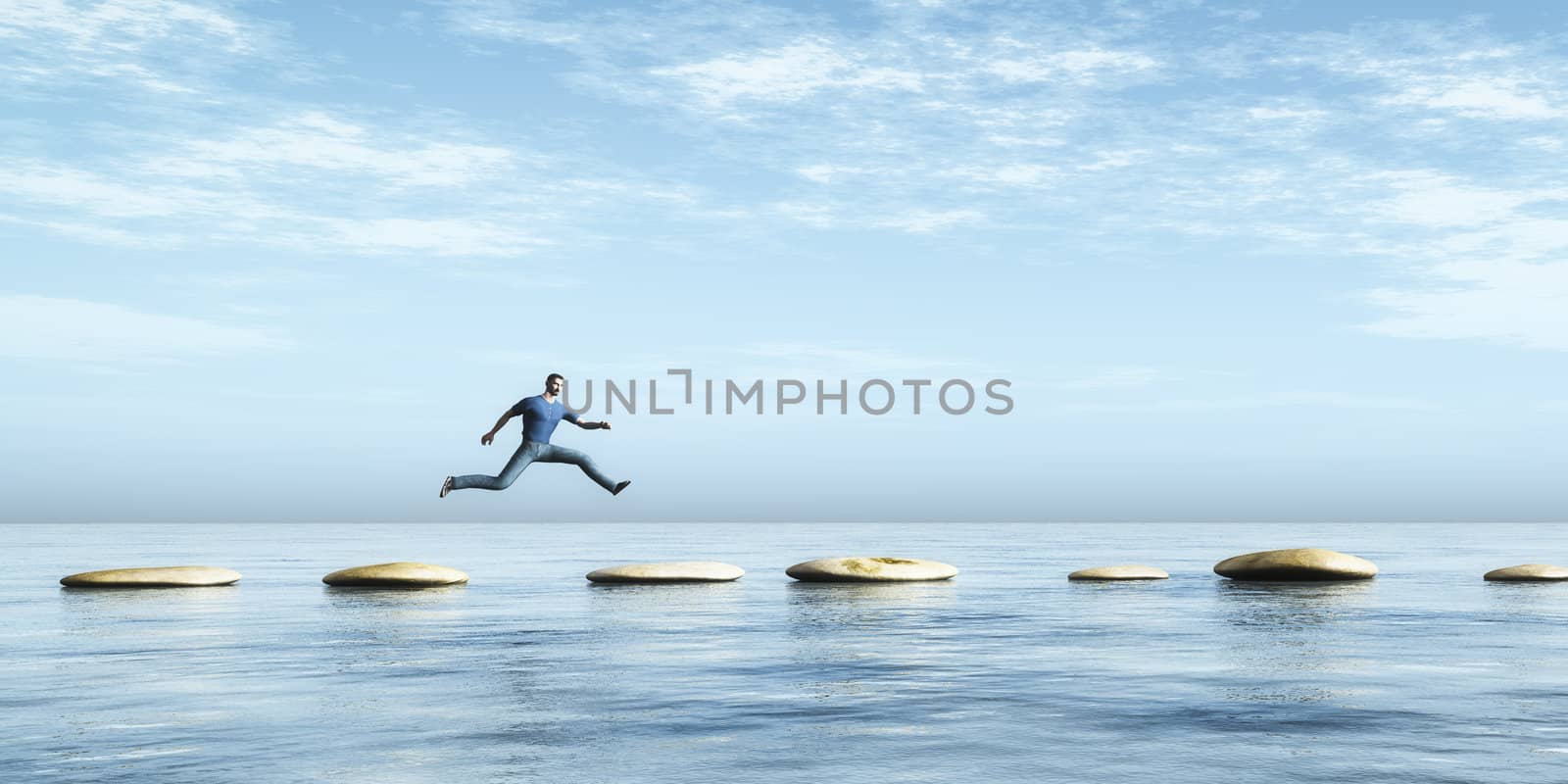An image of a man jumping from stone to stone