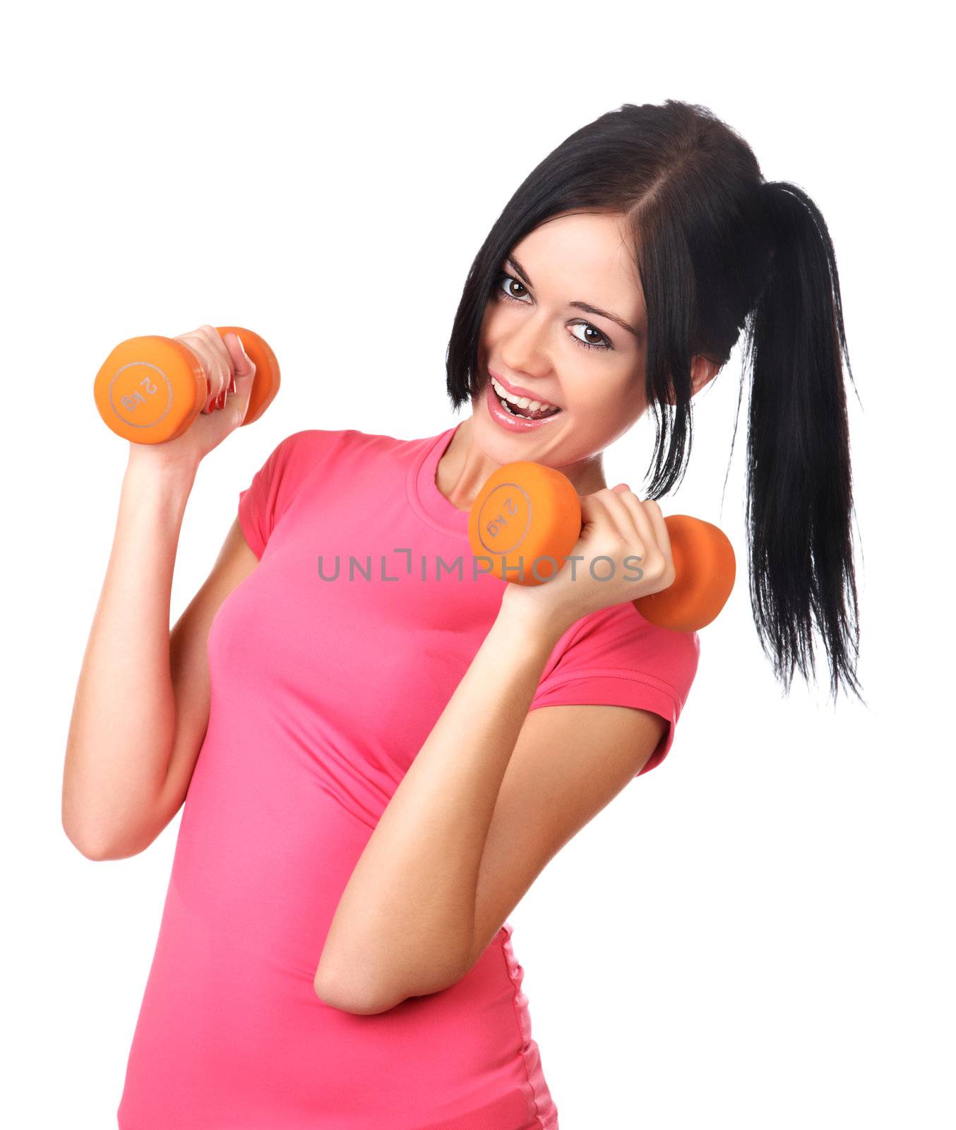 The girl with dumbbells isolated on a white background