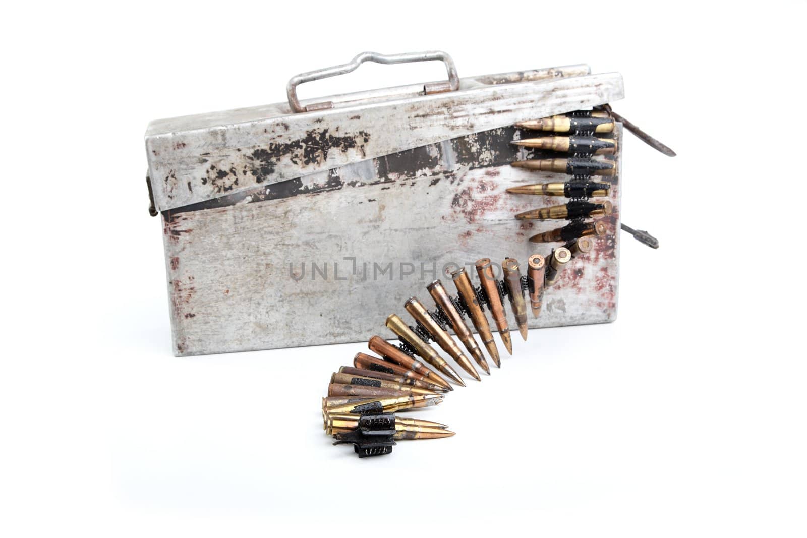 Machine-gun tape with cartridges of times  Second World War on a white background