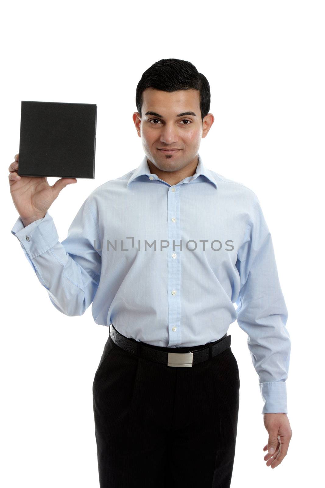 Businessman or salesman holding and recommending a product.