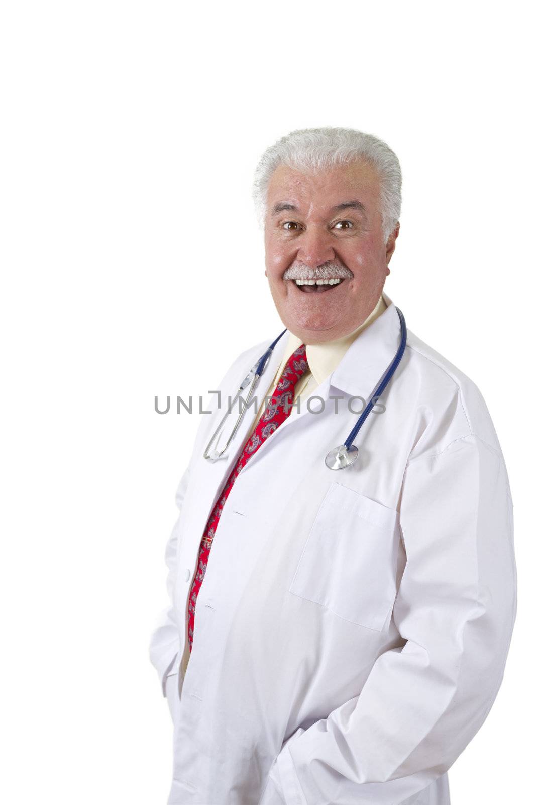 Mischievously Happy Doctor smiling at you with his stethoscope