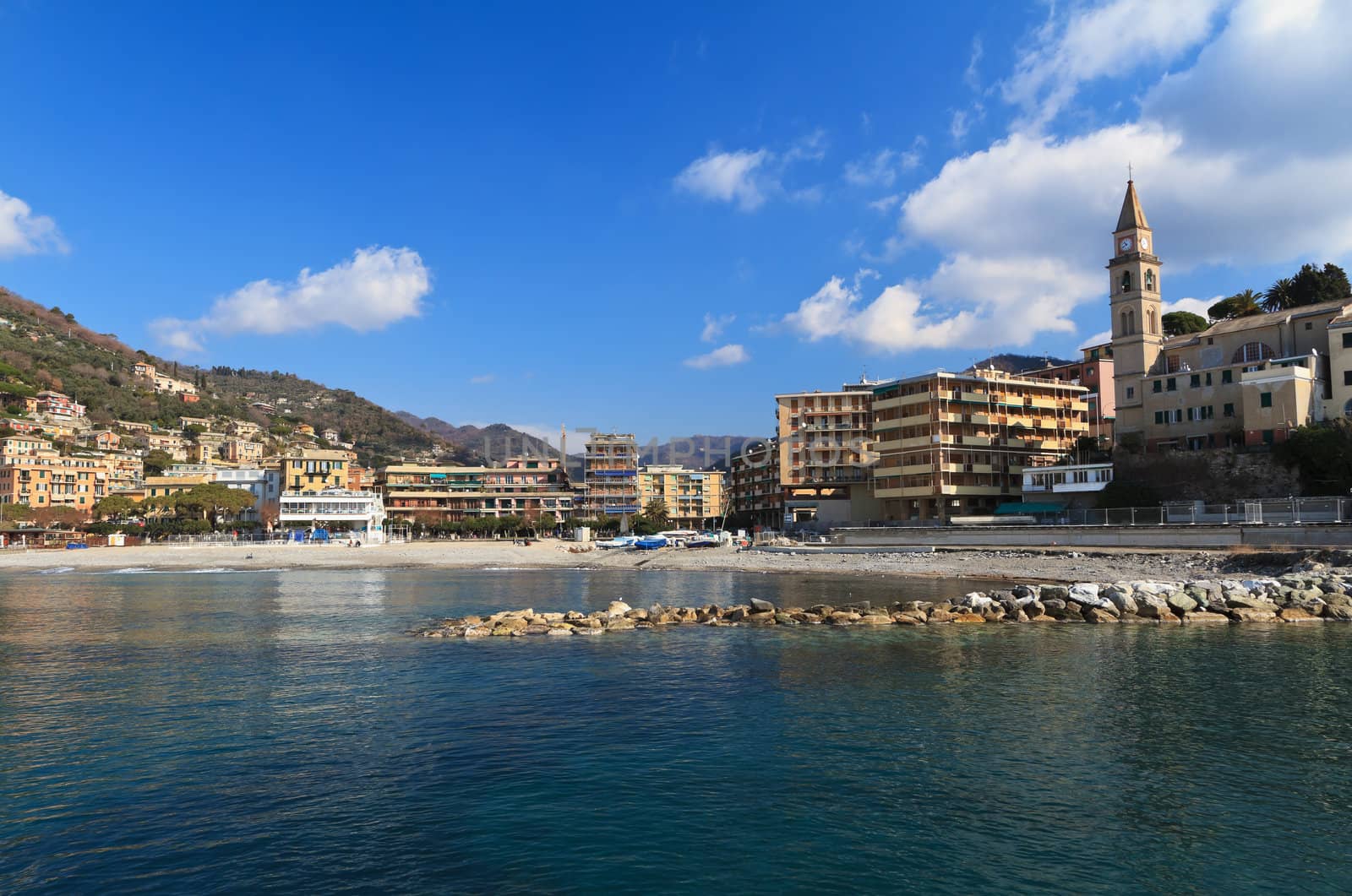 beach and promenade in Recco, small town in Liguria, Italy