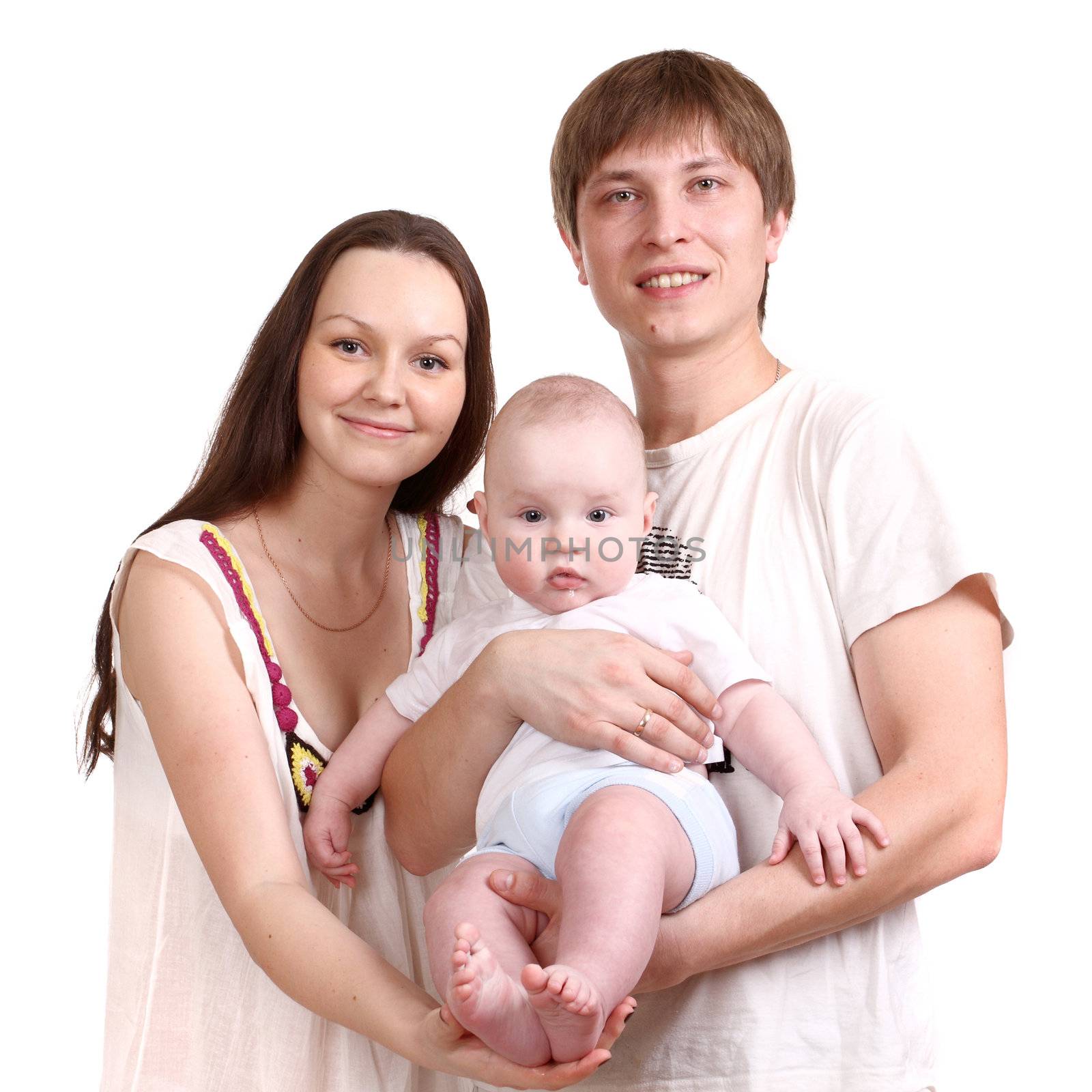 Young family, mum, the father and the son on a white background