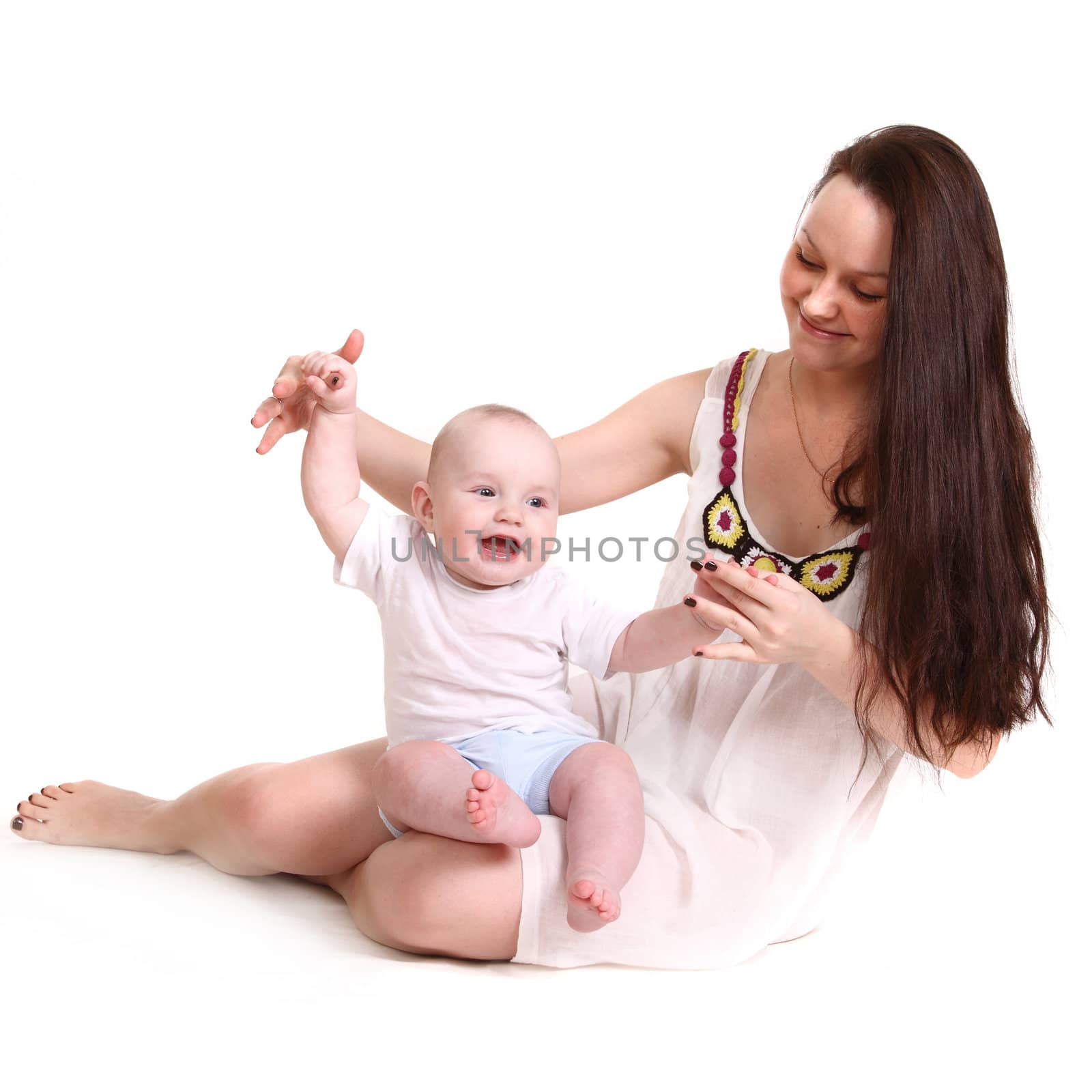 Young mum and the small son, portrait on a white background close up, mum holds the kid for hands, a format square.