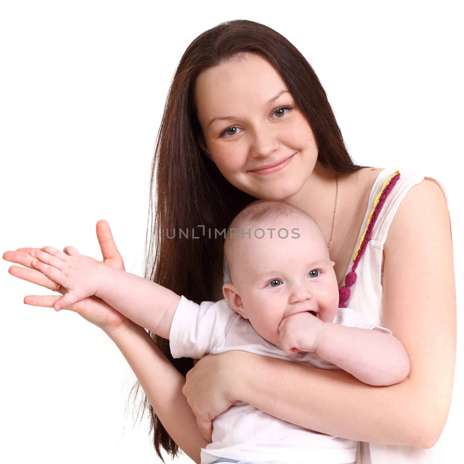 Young mum and the small son, portrait on a white background close up, the kid sits at mum in a lap, having put the hand on mum's, a format square