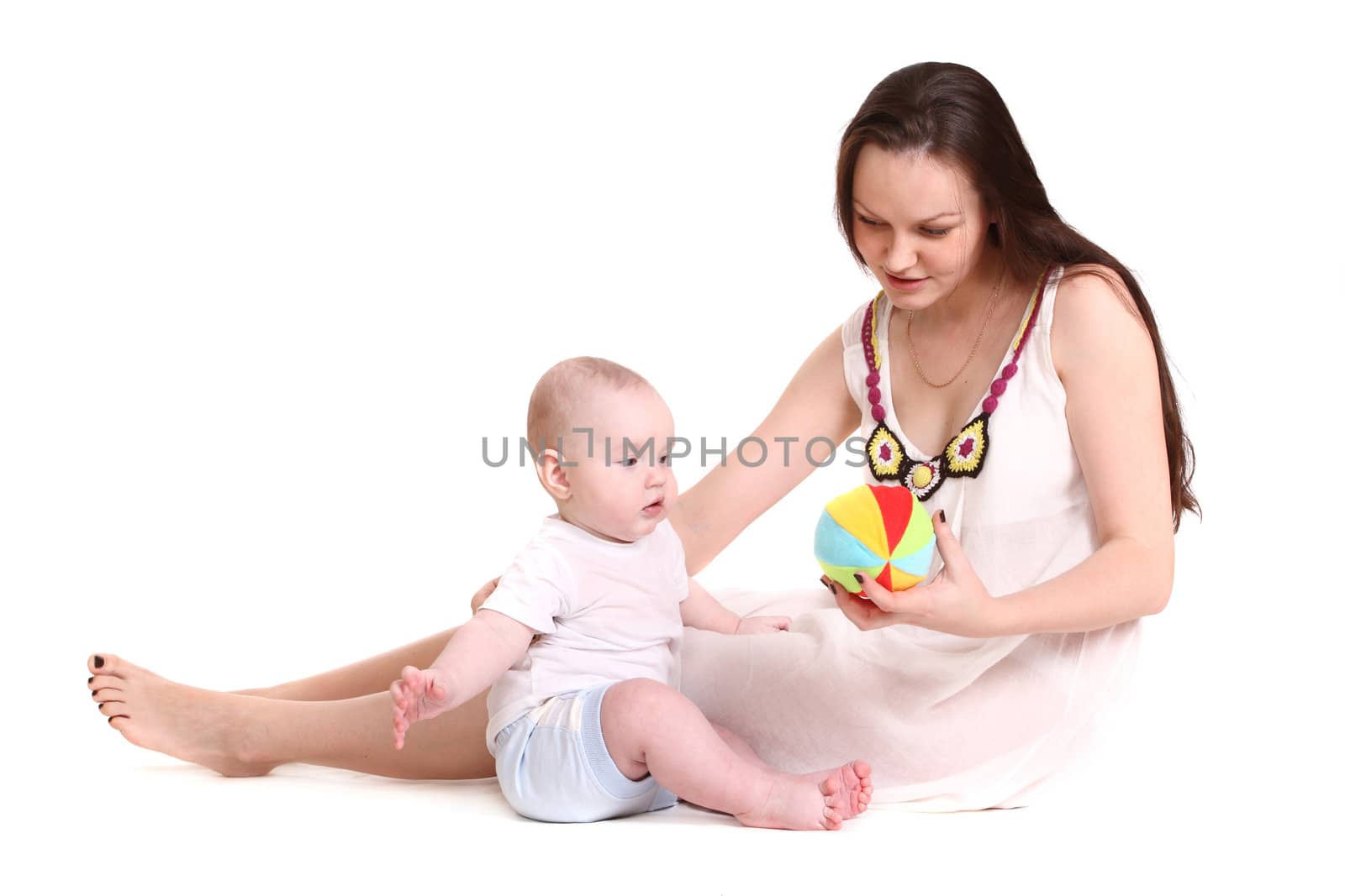 Young mum young mum plays with the small son. A portrait on a white background? A horizontal