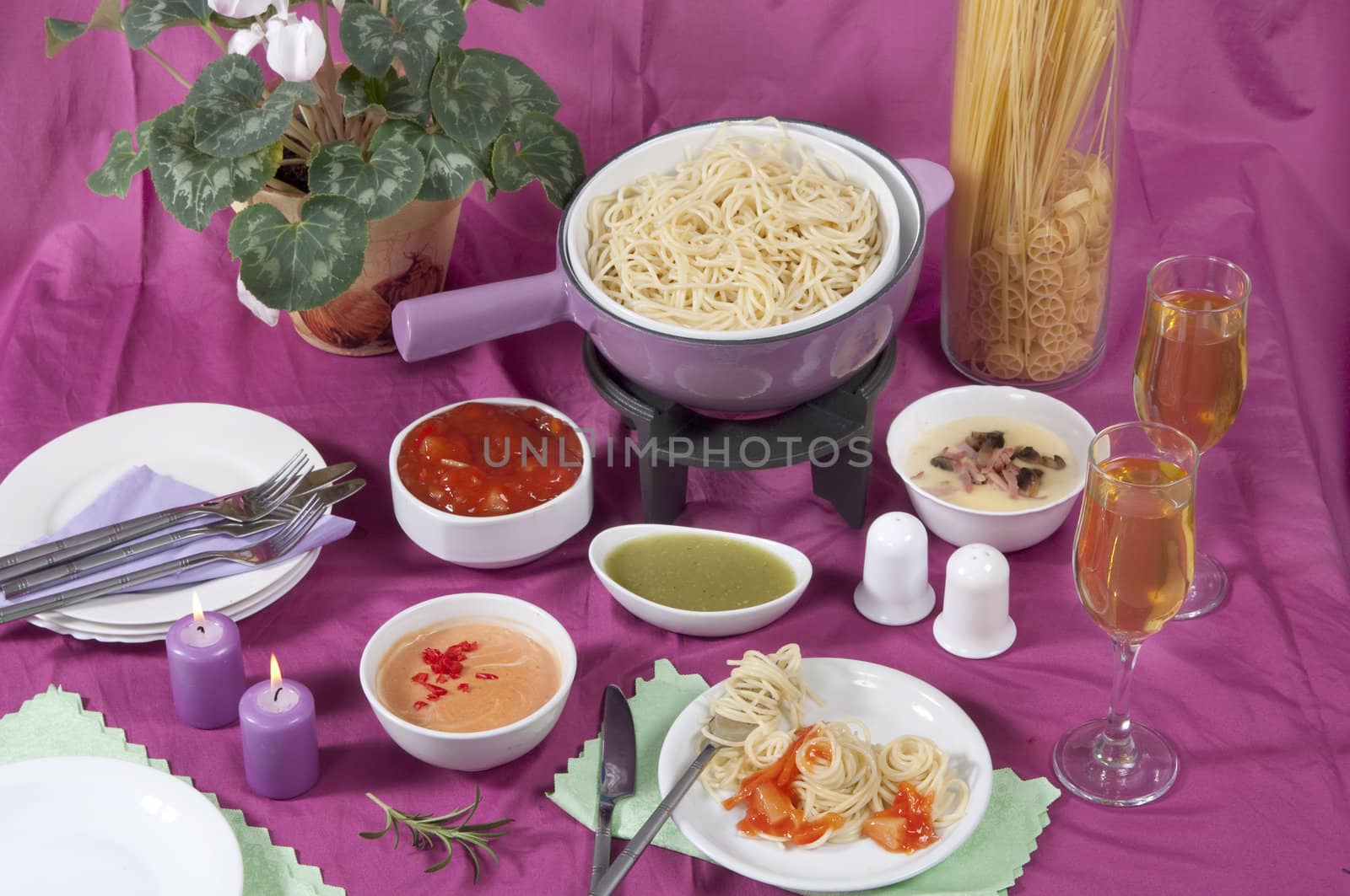 pasta  fondue with different sauces