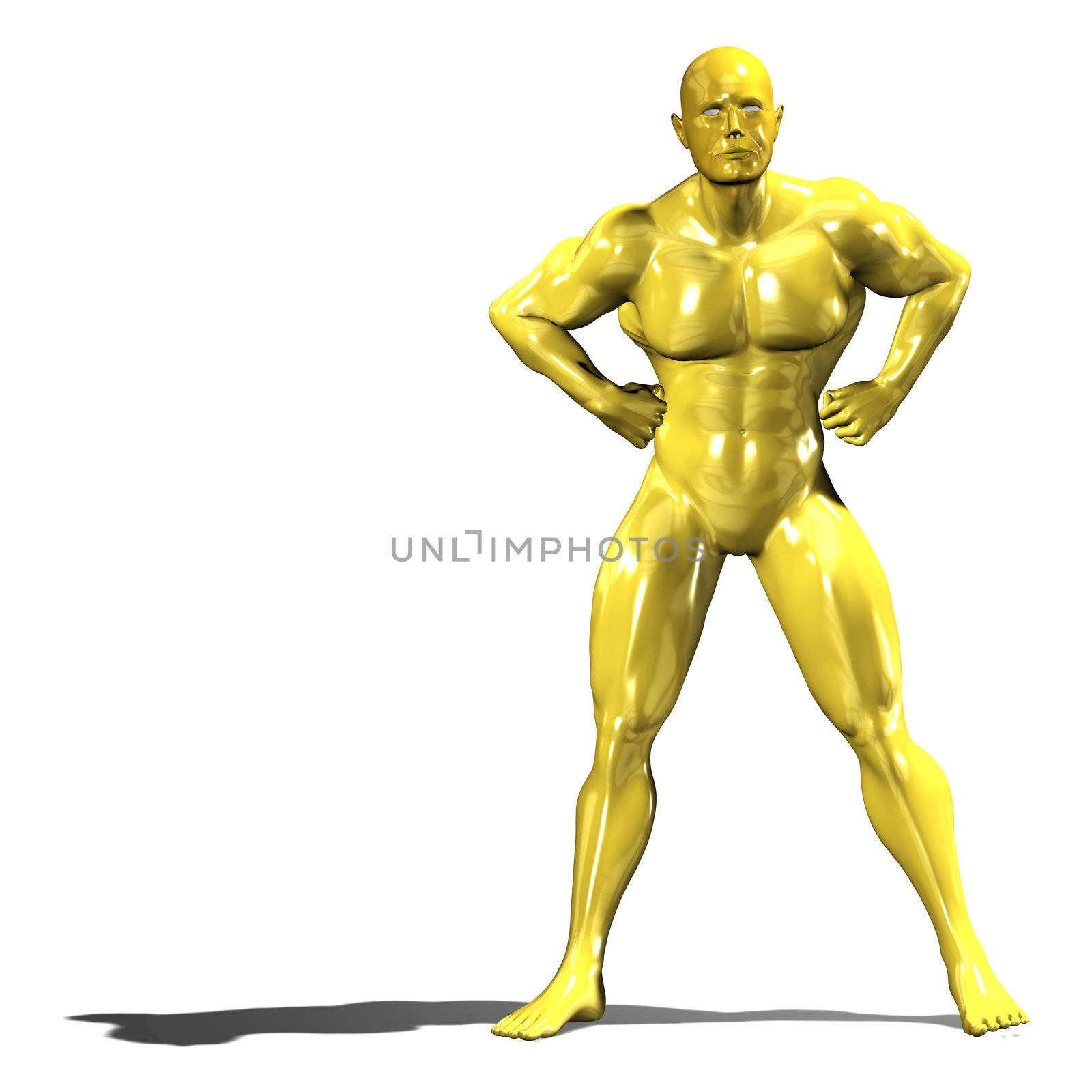 Gold hero man statue in confident standing pose. Isolated on white