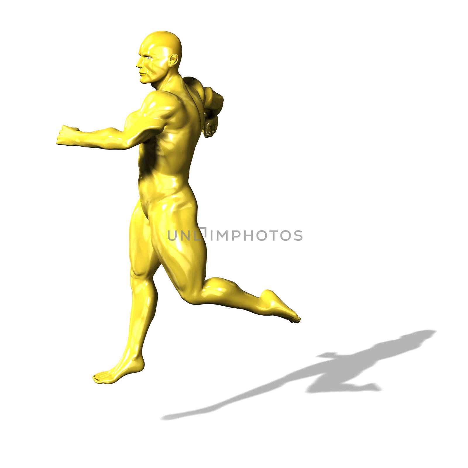 Gold hero man statue running. Isolated on white