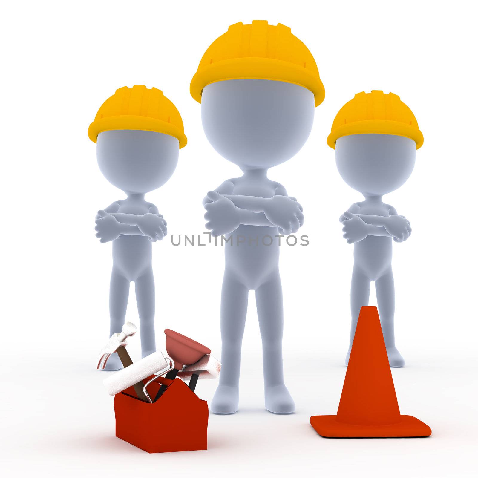 Builders, toon workers team with tools on white
