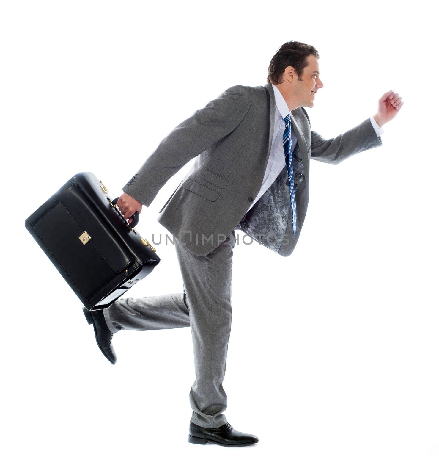 Businessman running with a briefcase, isolated on white background