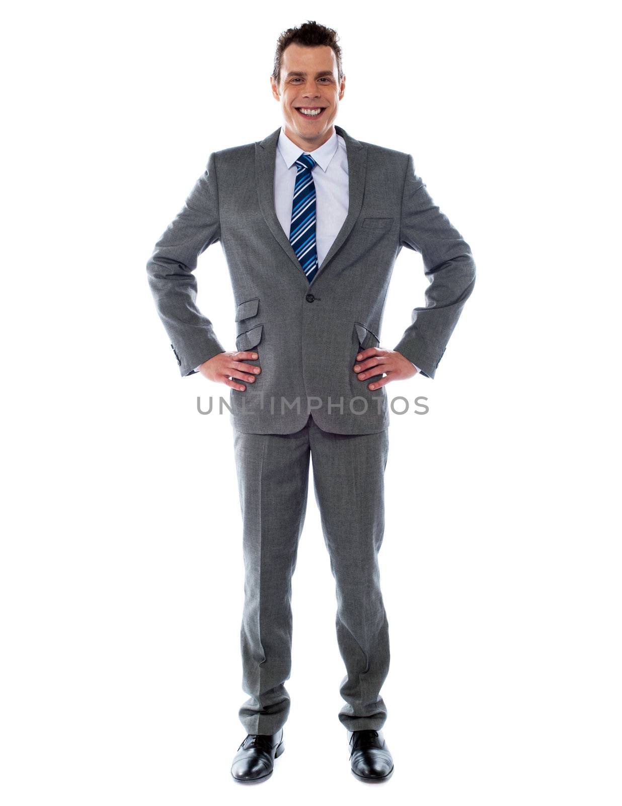 Confident young business executive poisng with hands on his waist, studio shot