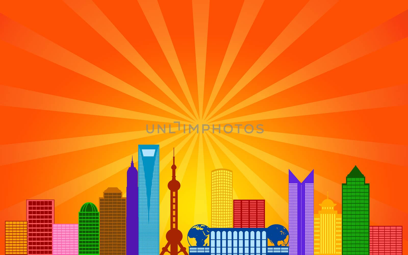 Shanghai China Pudong City Skyline Panorama Color Silhouette with Sun Rays Clip Art Illustration