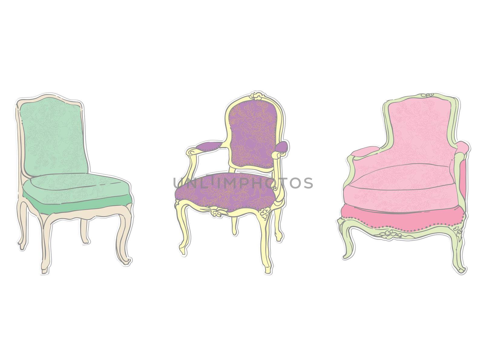 antique rococo chairs and armchair with floral tapestry stickers isolated on white