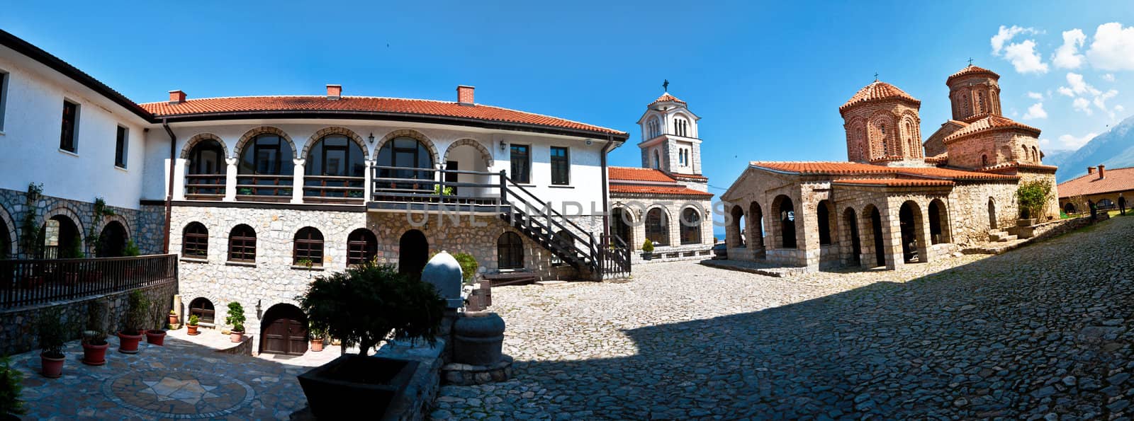 Panoramic HDR photo of the inner cloister of Saint Naum monastery at the Ohrid Lake.