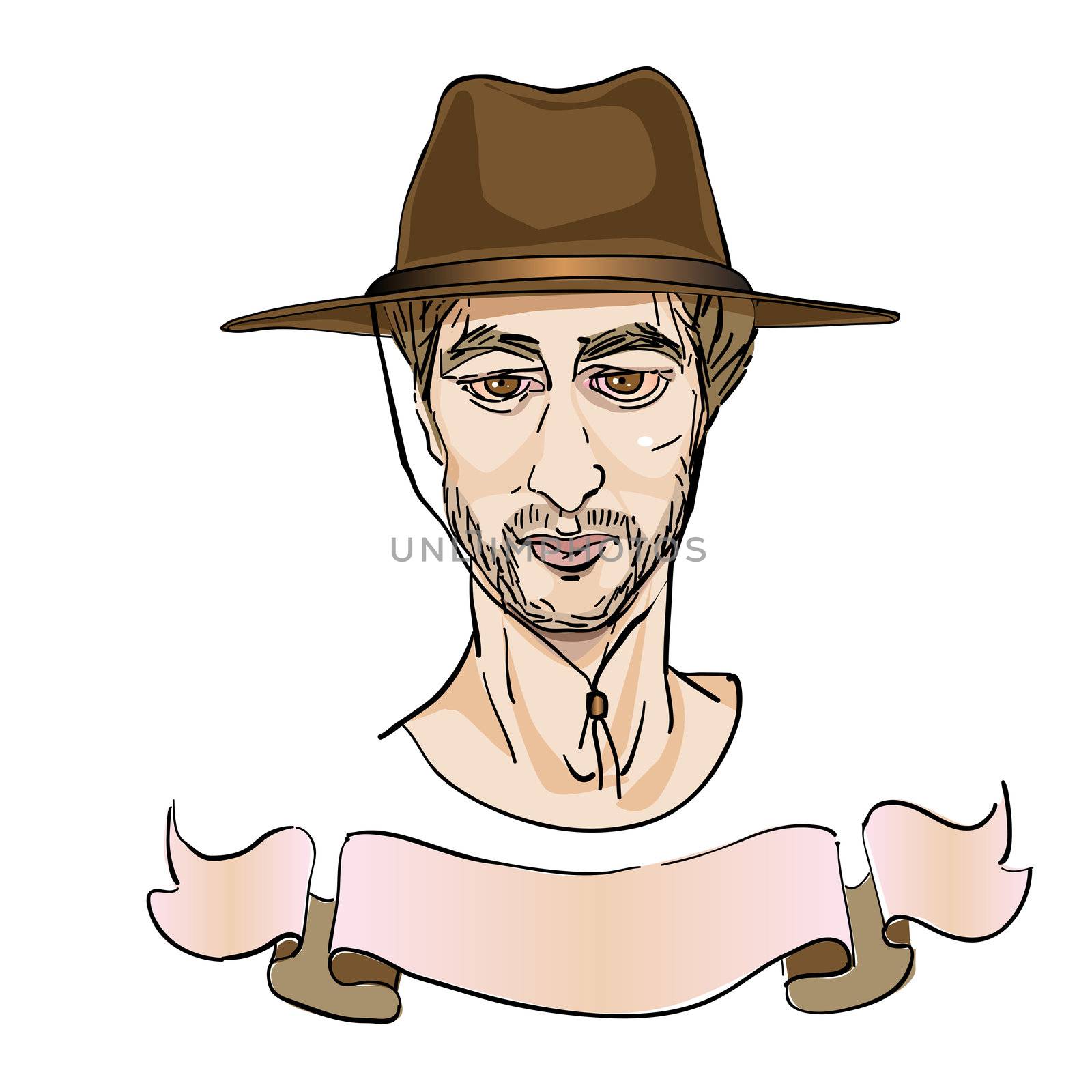 portrait of an elegant man with a cowboy hat, cartoon over white