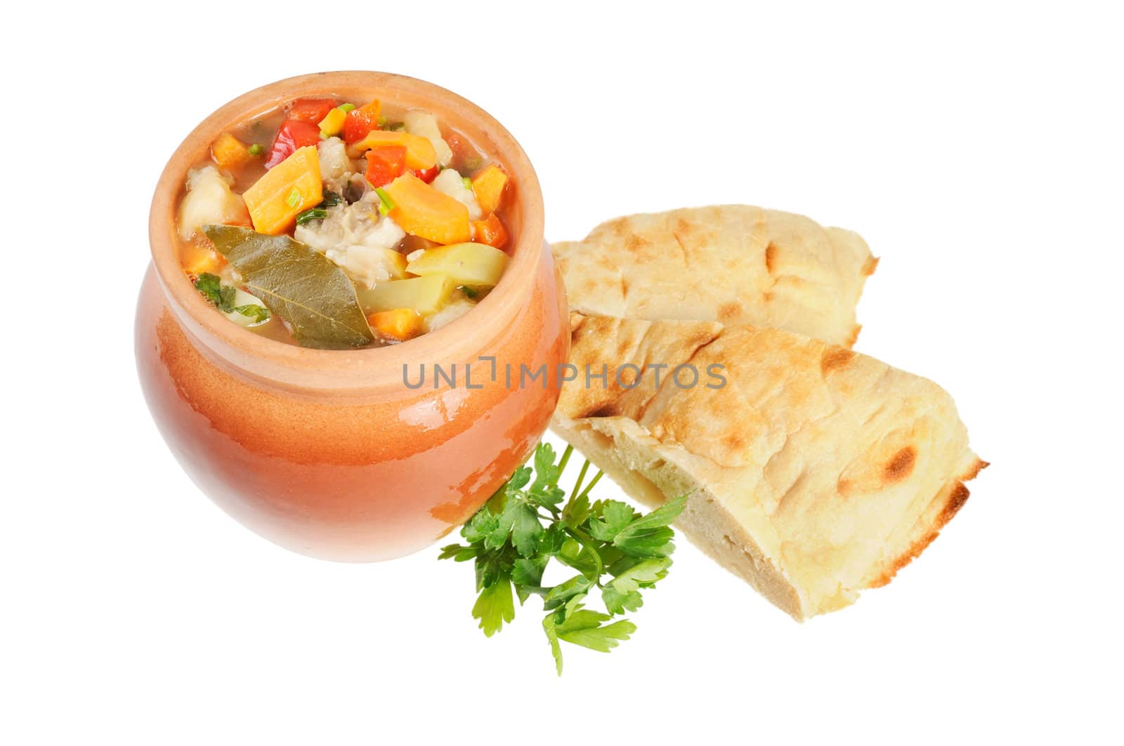 Roast in a pot and pita bread. Isolated on white.