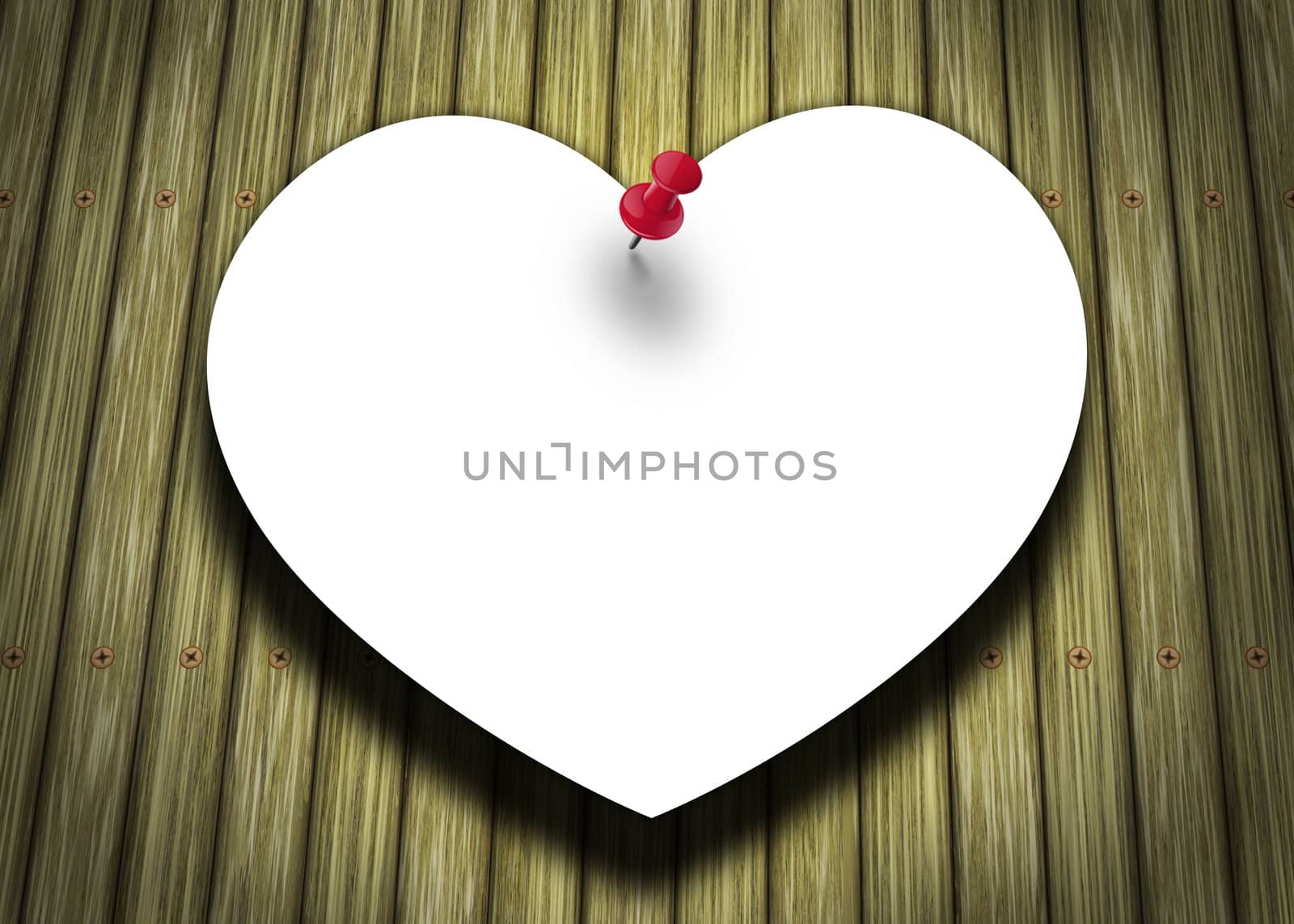 A paper heart, pinned on a wood panel background.