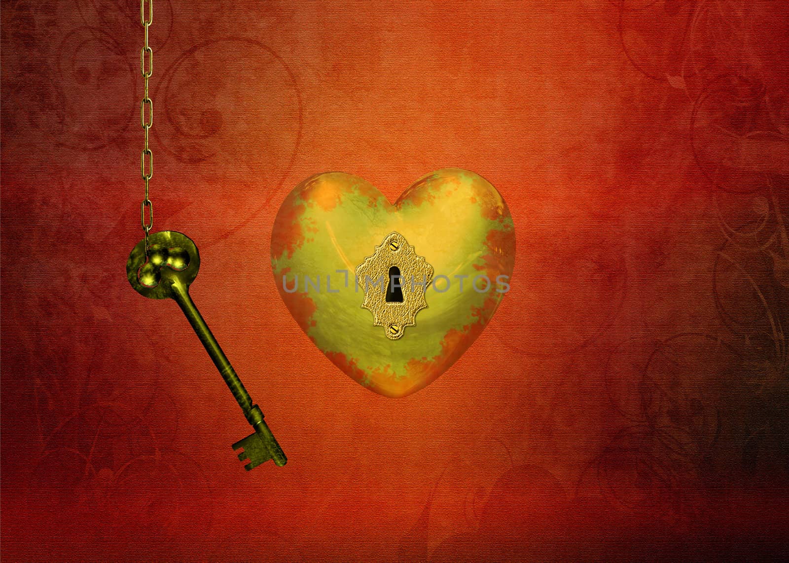 A golden heart with a keyhole and a chain with a key on a structured red background. This is the key to your heart.