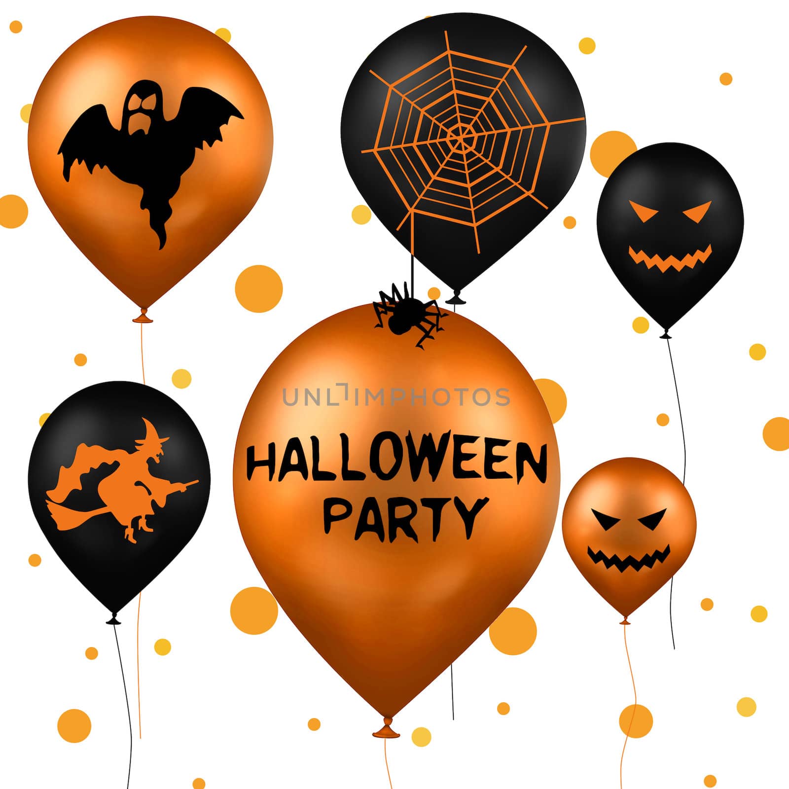 A Halloween Illustration with party balloons in black and orange with a ghost, a witch, a spider and spider web
and jack-o-lantern on a white background with orange dots.