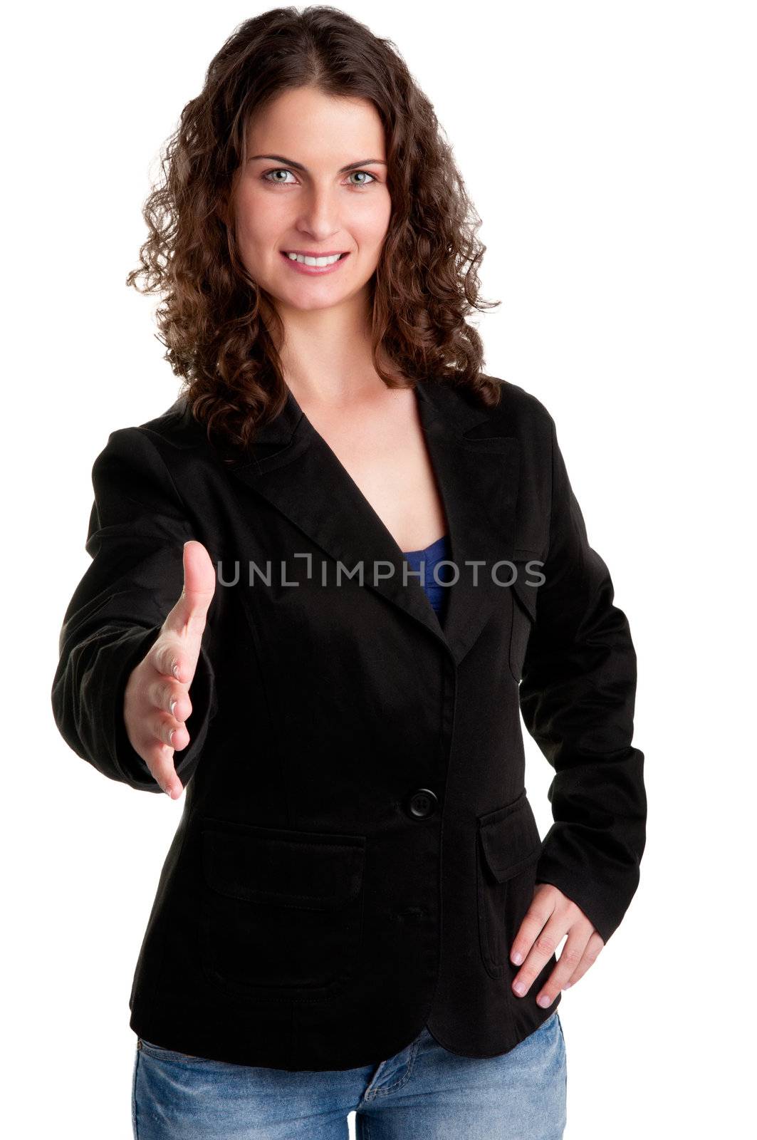 Businesswoman, in a suite, ready to give an handshake, isolated in white