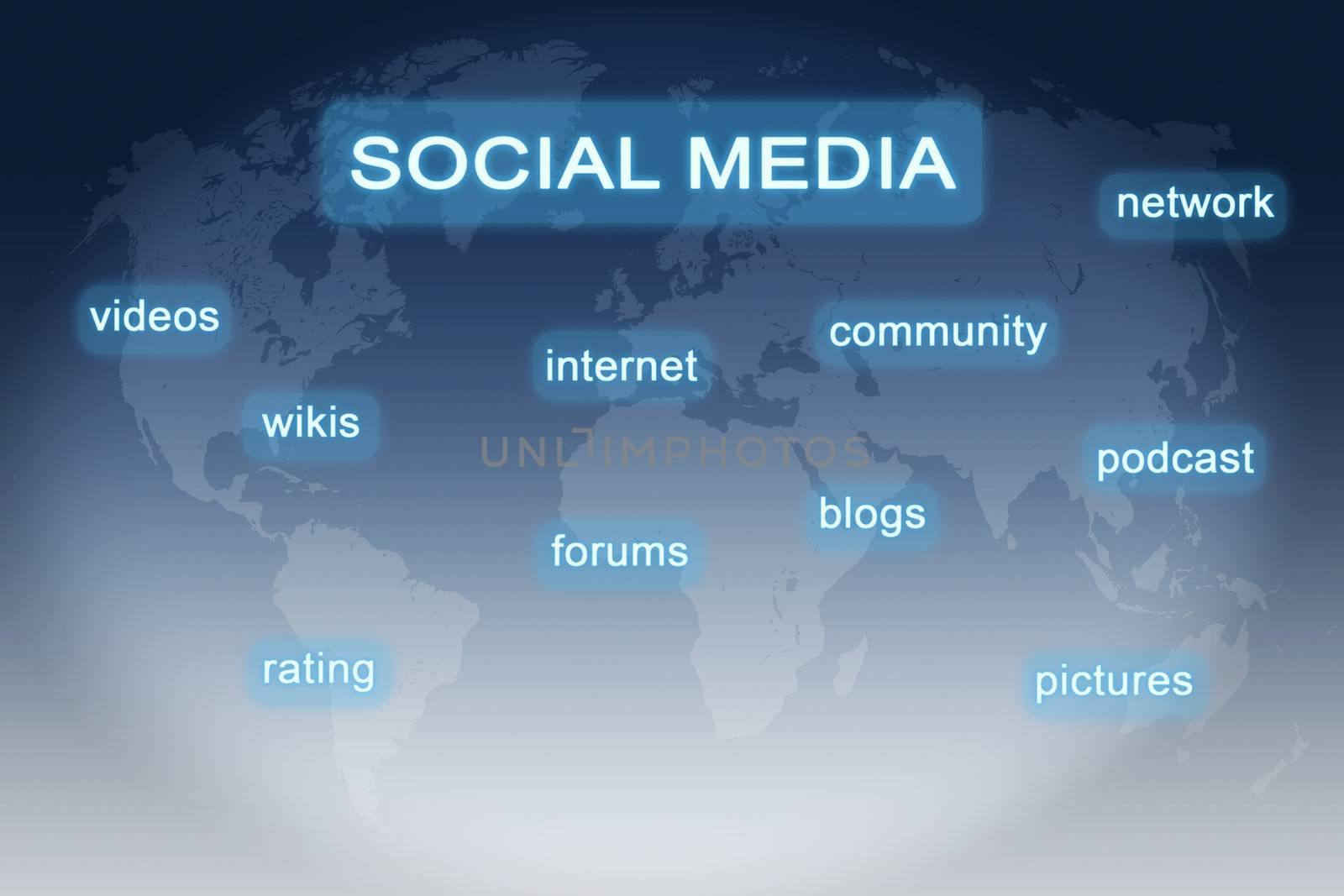 Social Media buttons concept on blue-white world map background