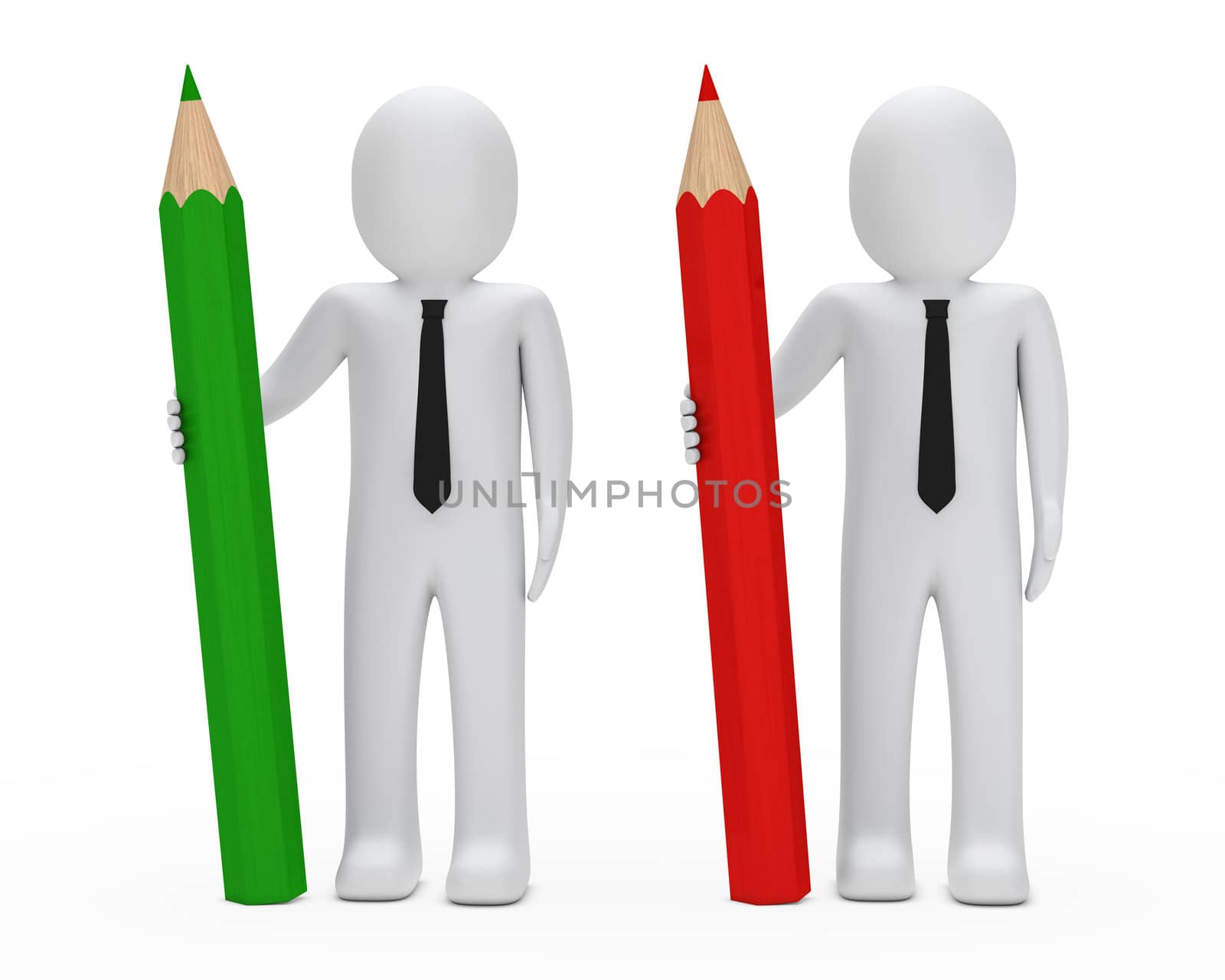 two businessmen hold big reg green pencil